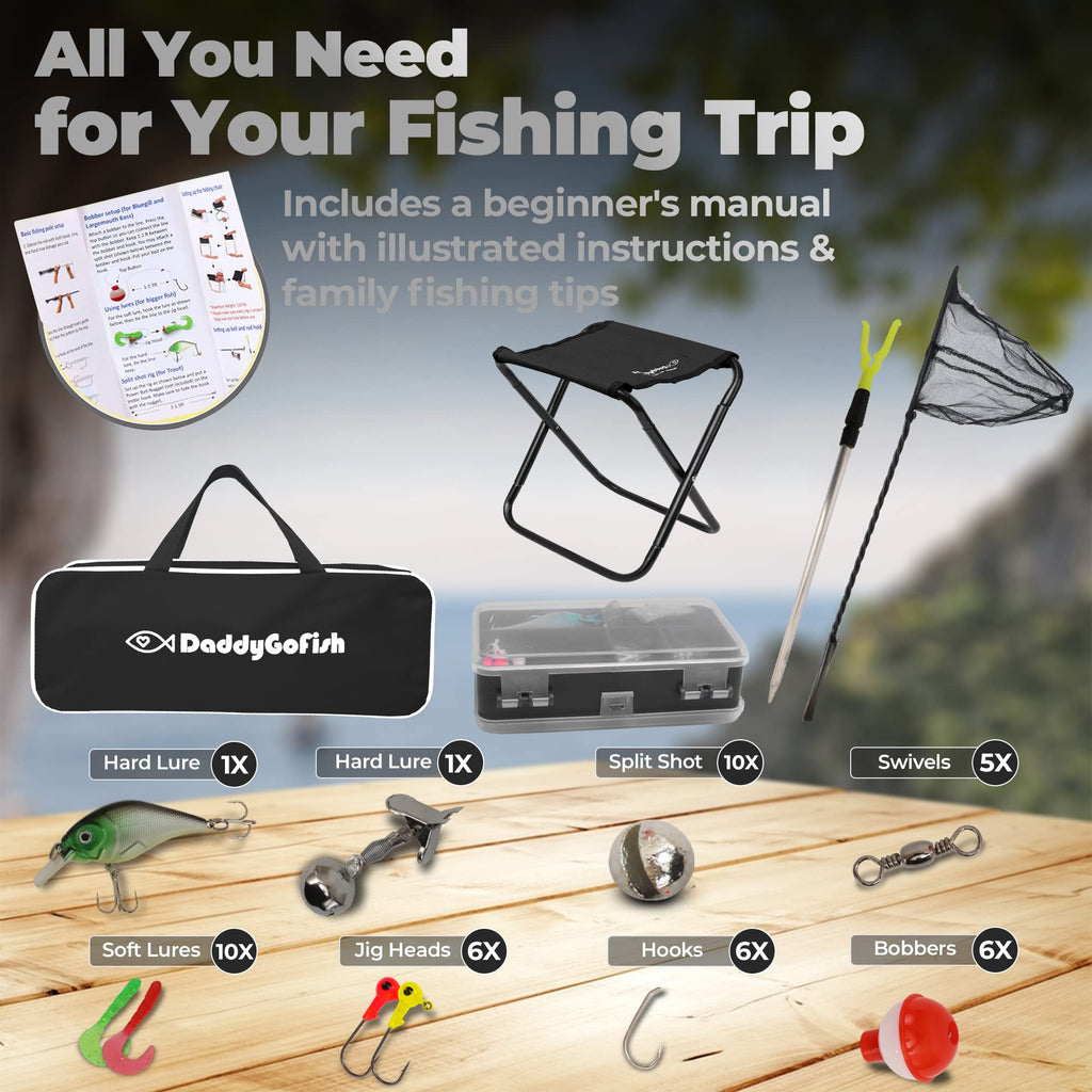 DaddyGoFish Kids Canna da Pesca Telescopica Spincast Combo Sedia Pieghevole Portacanna Tackle Box Bait Net Ragazzi Ragazze