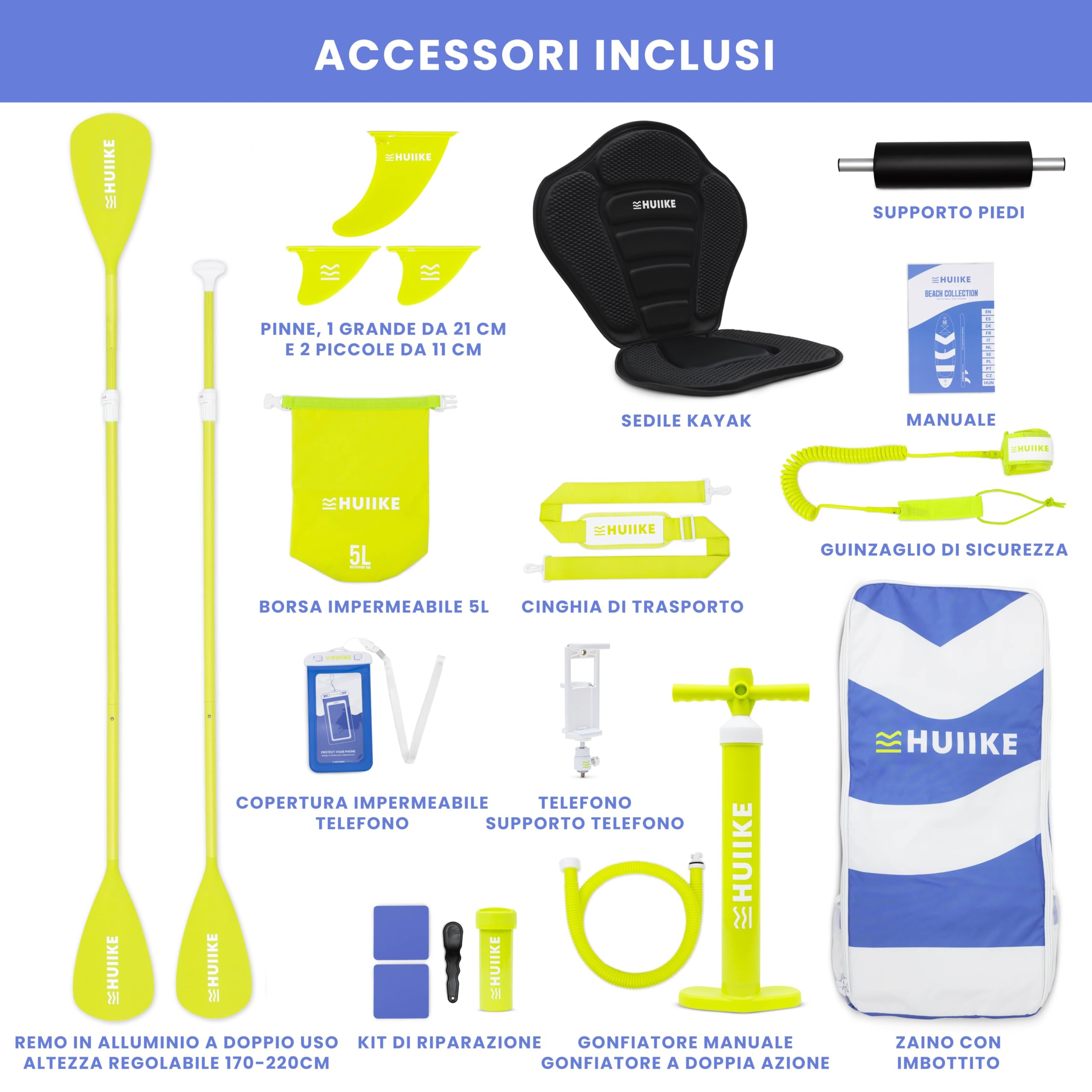 HUIIKE Tavola Sup Gonfiabile Adulti con Accessori Inclusi, Pagaia, Pinne, Pompa. Stand Up Paddle Board con Grande Stabilità e Resistenza. 305 x 84 x 15 cm, Carico Massimo 130 kg