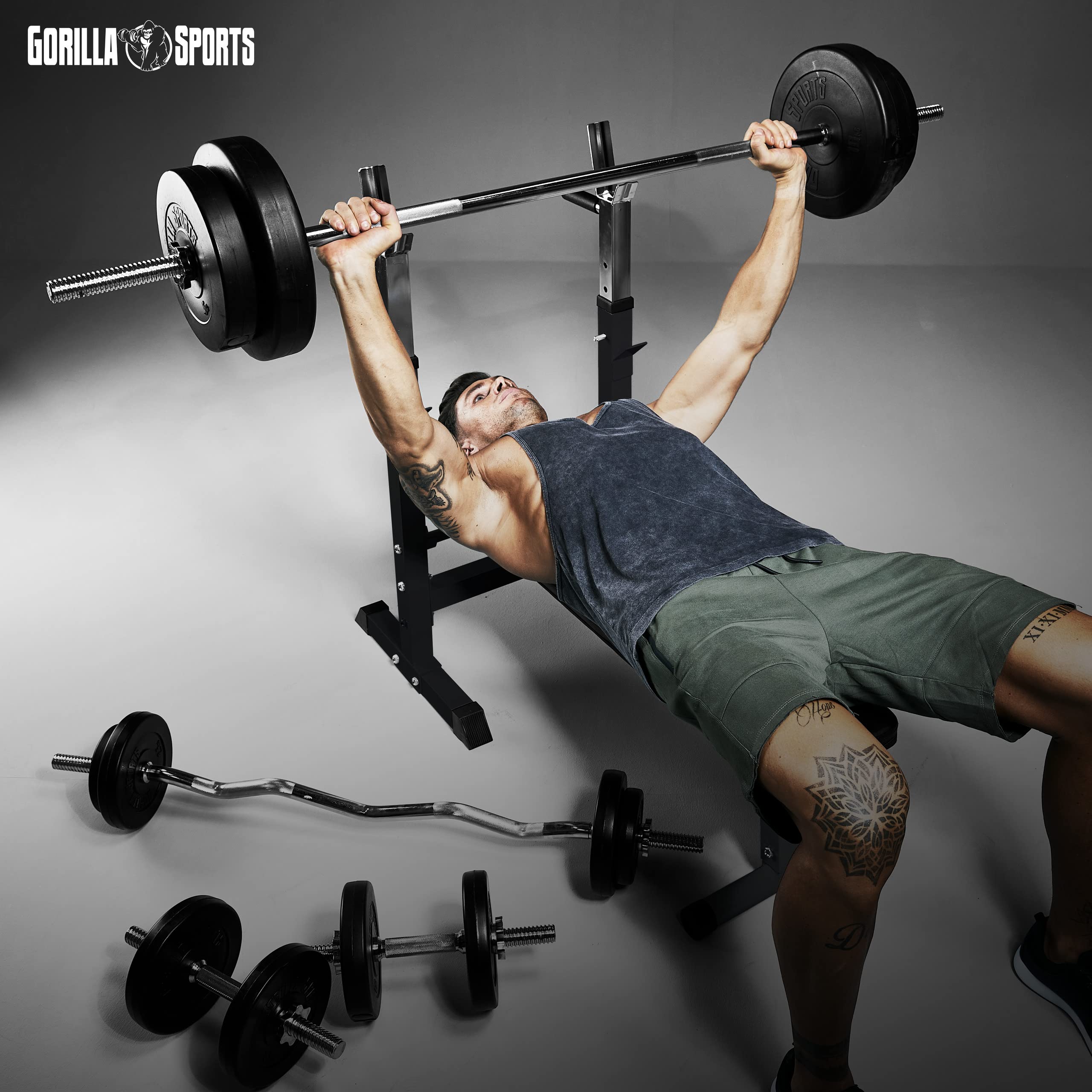 GORILLA SPORTS® Panca Pesi Multifunzione Regolabile – Pieghevole con Porta, Bilanciere e Manubri con Dischi 38/70/100 kg – Piana/Inclinata, Struttura Robusta Max 200 kg – Palestra Casa Fitness