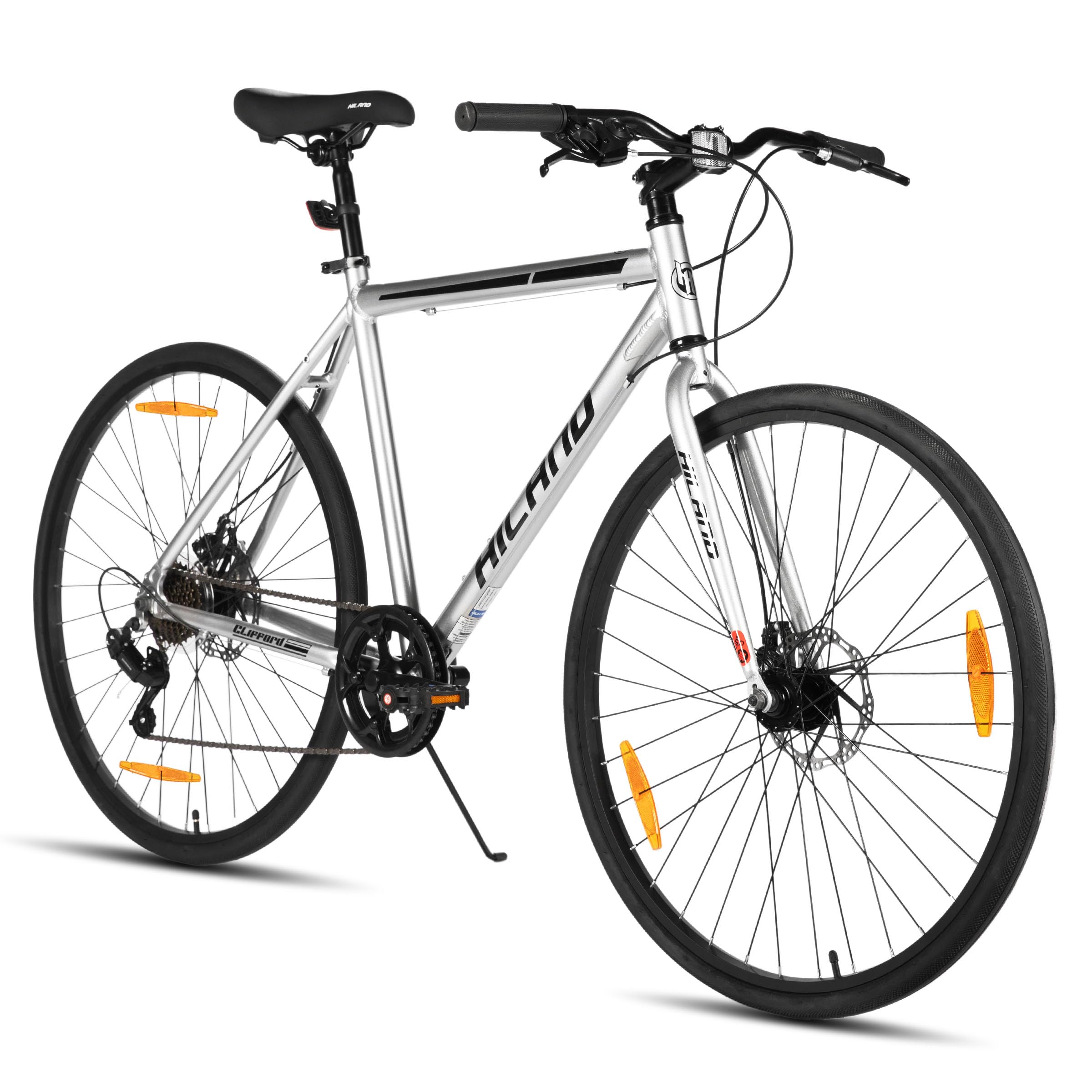Hiland 700C - Bicicletta da corsa da uomo e donna, telaio in alluminio, 7 marce, con freni a doppio disco, altezza telaio 530 mm/570 mm, bicicletta da strada da 28 pollici, colore nero/rosso/argento