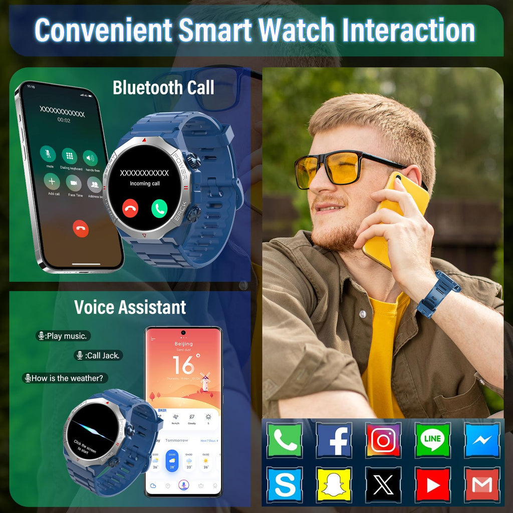 Smartwatch Uomo Militare, Orologio Smartwatch 1.43" con Chiamate Bluetooth, 100+ Modalità Sportive, Batteria 1000 mAh, Monitoraggio Sonno e Cardiofrequenzimetro, Torcia e Bussola per IOS/Android