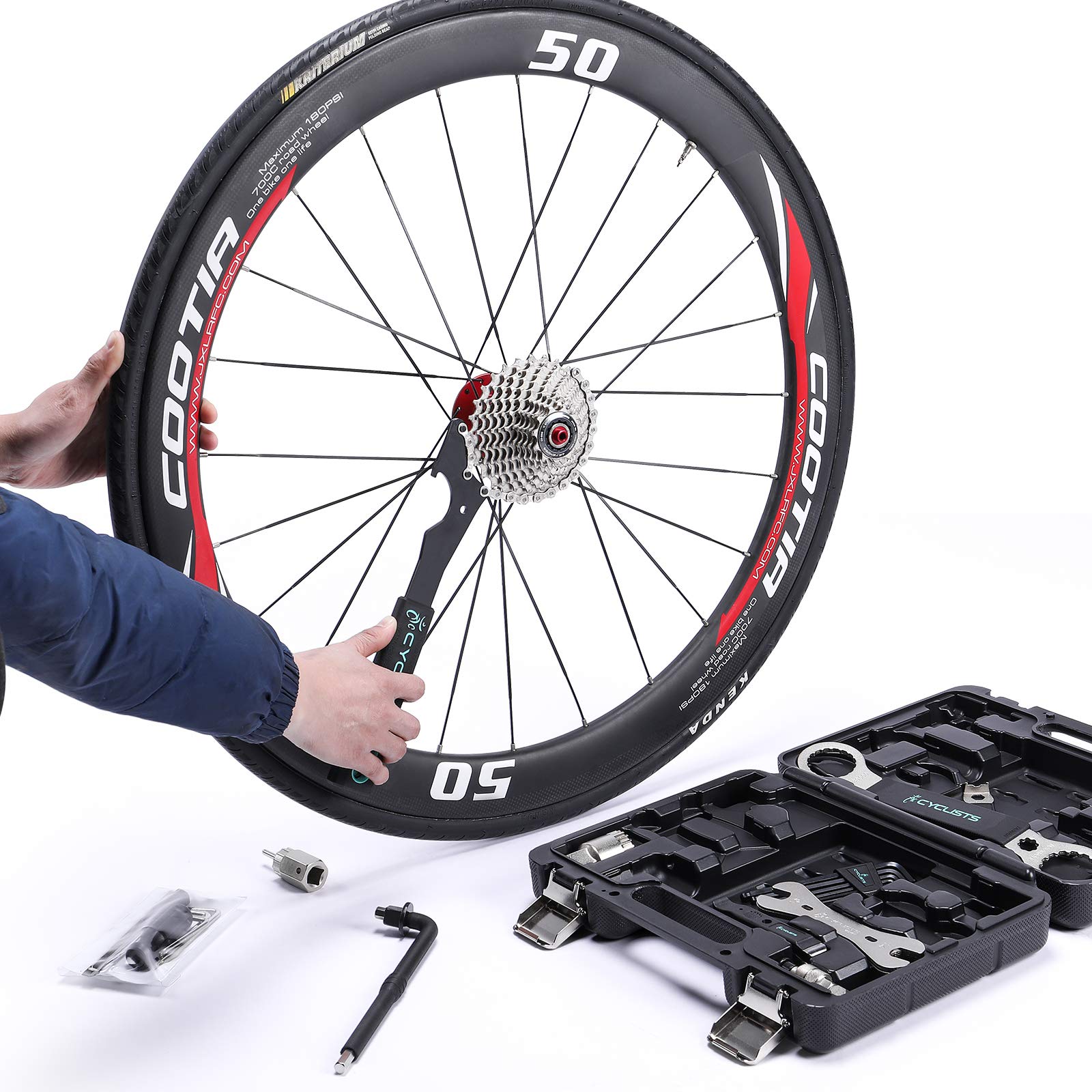 cyclists Kit di Riparazione Bici Portatile, Valigetta Attrezzi per Riparazioni Catene e Pneumatici, Set Completo di Attrezzi per Bici con Custodia per Trasporto