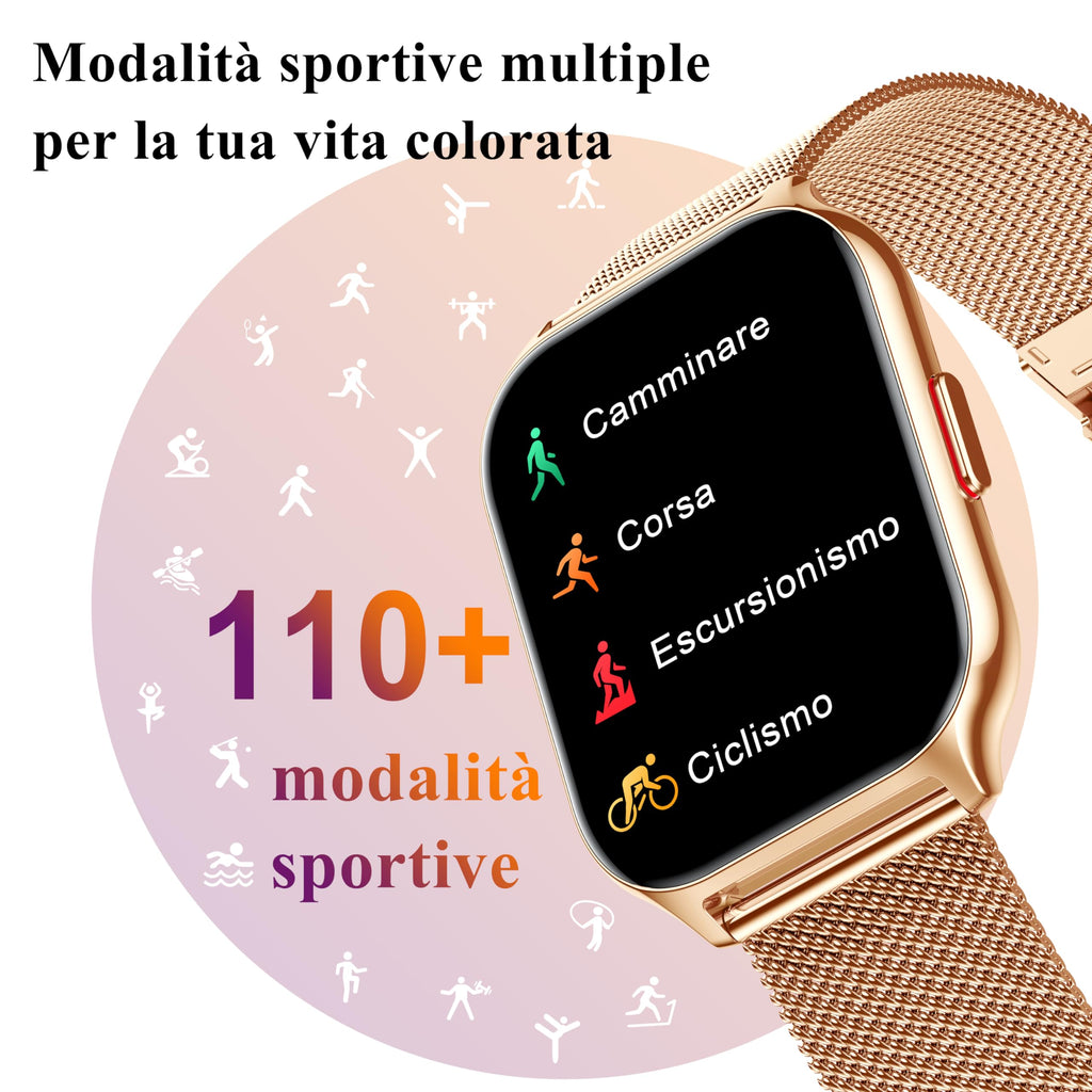 Popglory Smartwatch Uomo Donna Chiamate e Whatsapp, AI Orologio Contapassi 100+ Sports, Assistente, Salute 24/7, Pressione Sanguigna, Cardiofrequenzimetro, SpO2 Sonno, 2 Cinturini per Android iOS