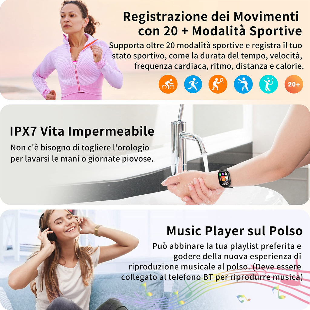 Popglory Smartwatch Uomo Donna Chiamate e Whatsapp, AI Orologio Contapassi 100+ Sports, Assistente, Salute 24/7, Pressione Sanguigna, Cardiofrequenzimetro, SpO2 Sonno, 2 Cinturini per Android iOS