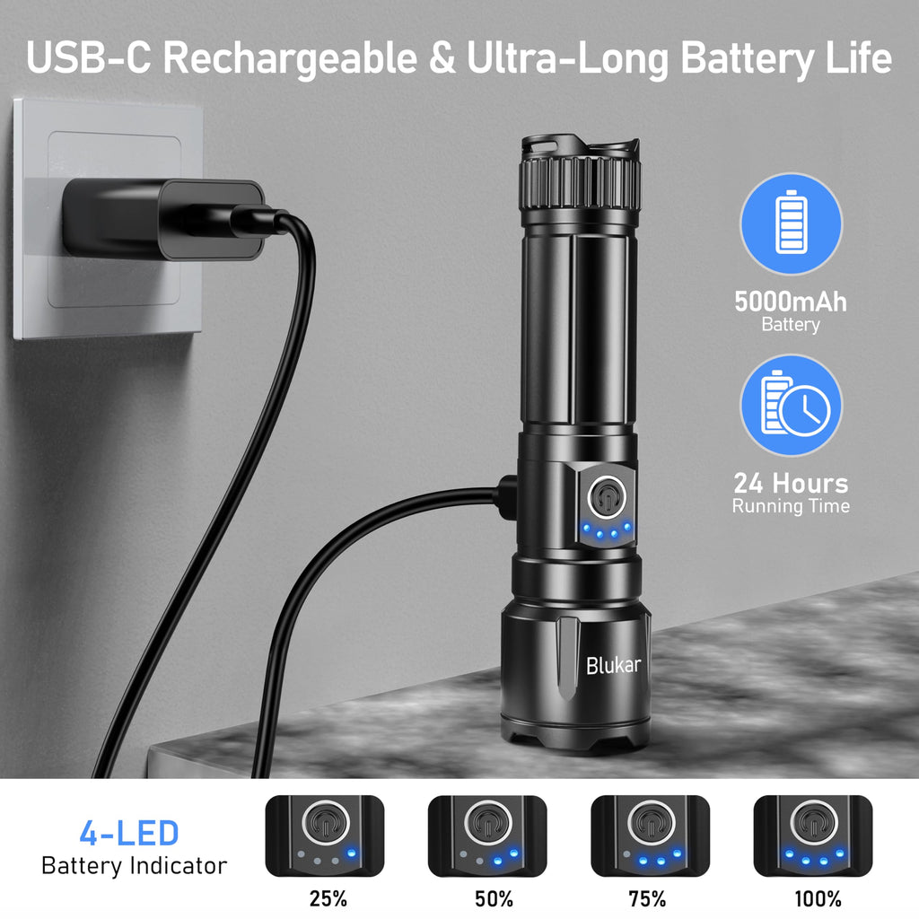 Blukar Torcia LED Potente Professionale, Ultra Alto Lumen Super Luminoso Zoomabile Torcia Alta Potenza, Ricaricabile, 5 Modalità, IP67 Impermeabile Flashlight per Campeggio/Pesca/Emergenza/Trekking