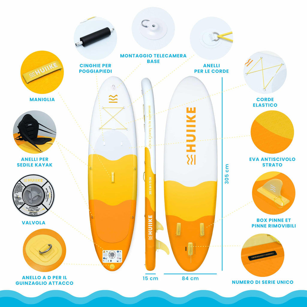 HUIIKE Tavola Sup Gonfiabile Adulti con Accessori Inclusi, Pagaia, Pinne, Pompa. Stand Up Paddle Board con Grande Stabilità e Resistenza. 305 x 84 x 15 cm, Carico Massimo 130 kg
