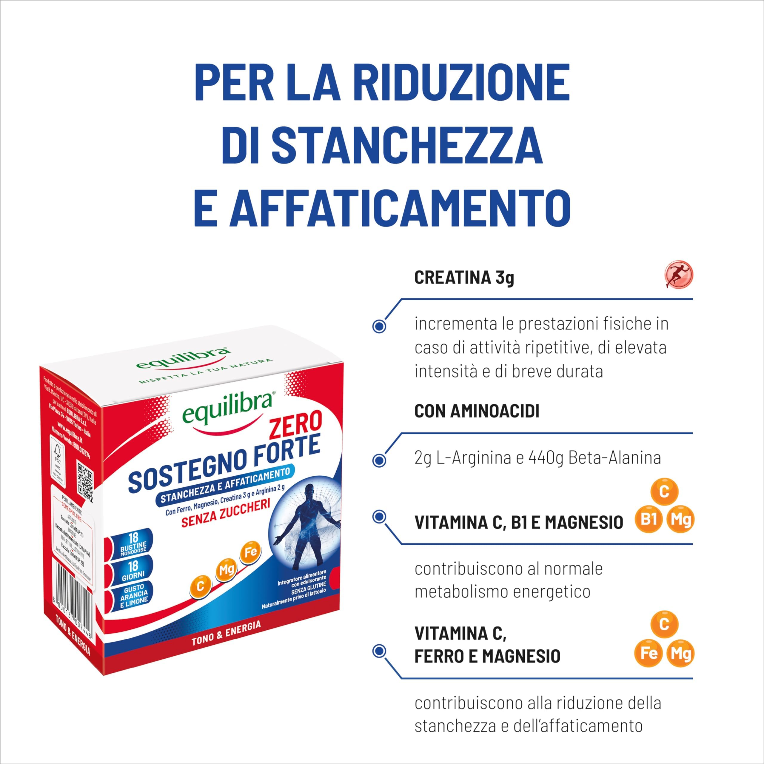 equilibra Integratori Alimentari, Sostegno Forte, Integratore con Creatina, Arginina, Vitamine C, B1, per Incrementare le Prestazioni Fisiche, con Succo Concentrato di Arancio, 22 Bustine Monodose
