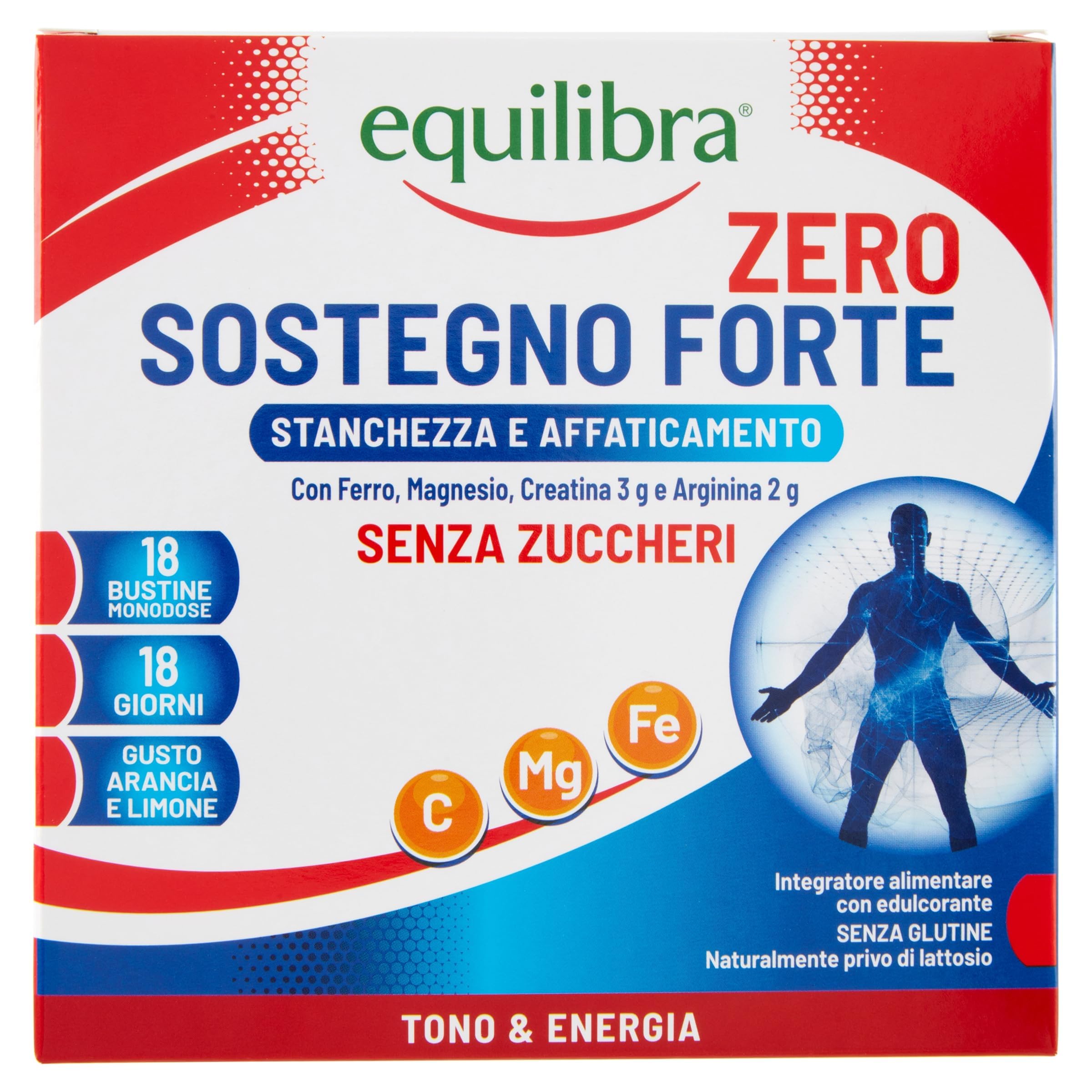 equilibra Integratori Alimentari, Sostegno Forte, Integratore con Creatina, Arginina, Vitamine C, B1, per Incrementare le Prestazioni Fisiche, con Succo Concentrato di Arancio, 22 Bustine Monodose