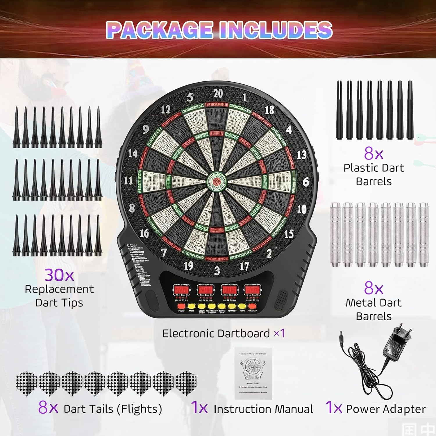 Cible de fléchettes électronique – Ensemble de fléchettes électroniques à pointe plastique, 4 écrans LCD, 27 modes de jeu, jusqu'à 16 joueurs, pour professionnels, amateurs et débutants