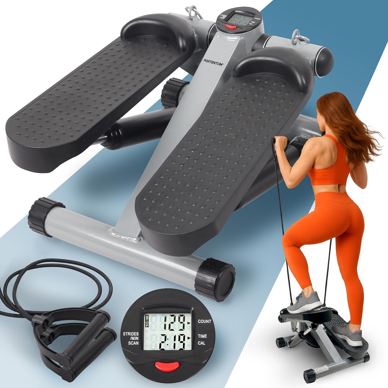 PORTENTUM Mini stepper fitness casa con bande di resistenza e schermo LCD 5 funzioni — Step 3-in-1 per gambe, glutei e braccia — Intensità regolabile — Attrezzi palestra compatti e facili da riporre