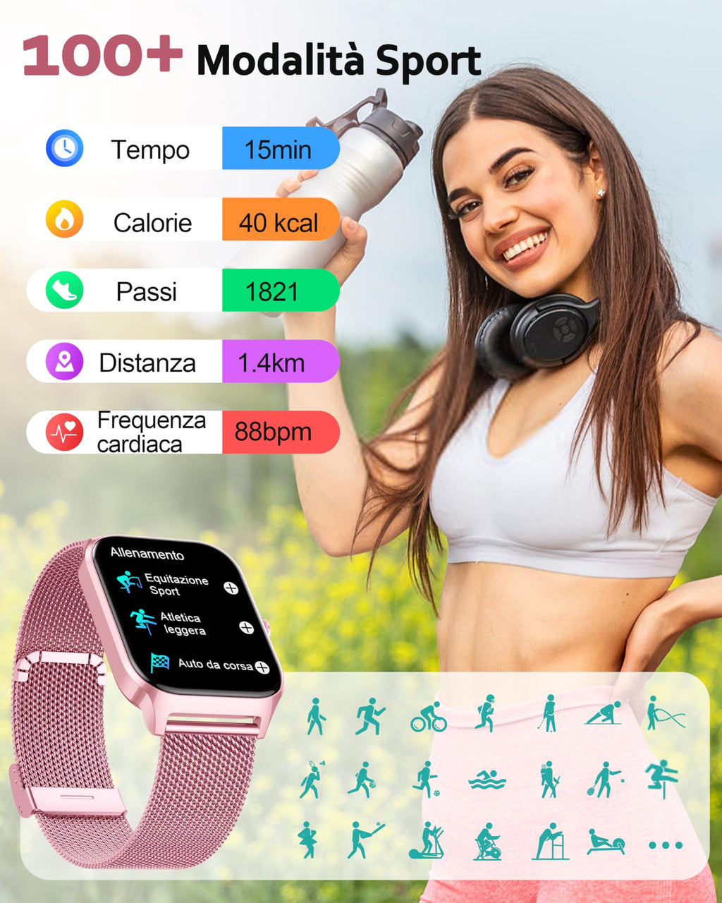 Popglory Smartwatch Uomo Donna Chiamate e Whatsapp, AI Orologio Contapassi 100+ Sports, Assistente, Salute 24/7, Pressione Sanguigna, Cardiofrequenzimetro, SpO2 Sonno, 2 Cinturini per Android iOS
