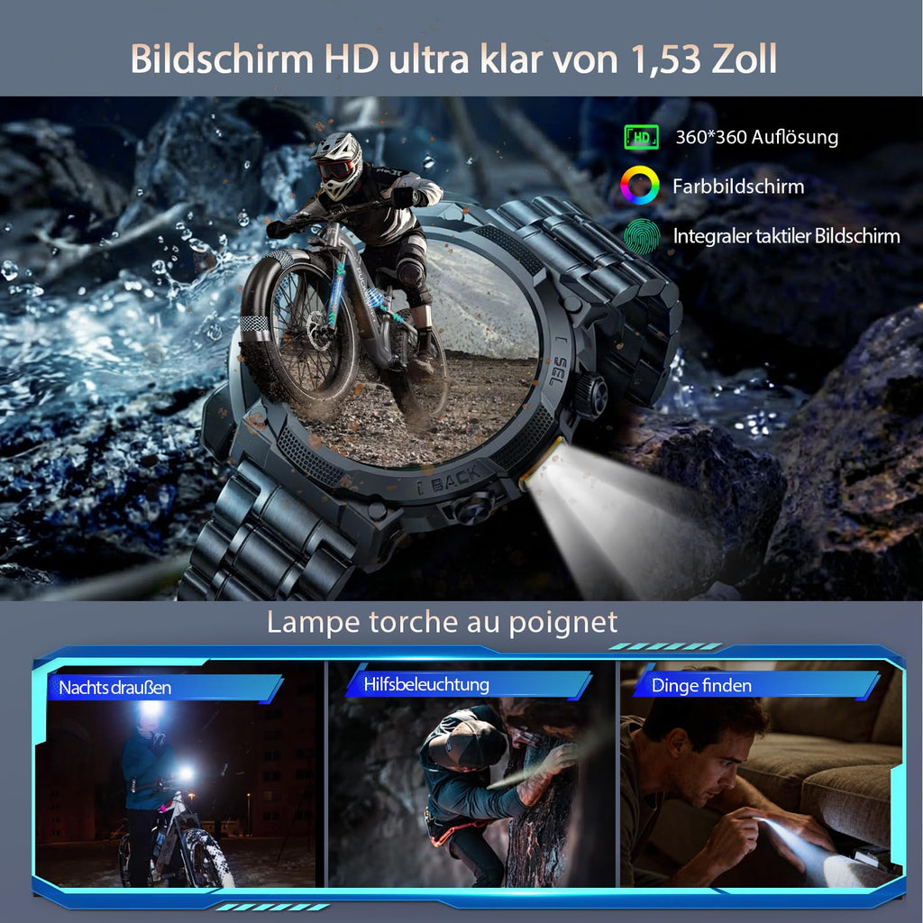 Smartwatch Uomo Militare, Orologio Smartwatch 1.43" con Chiamate Bluetooth, 100+ Modalità Sportive, Batteria 1000 mAh, Monitoraggio Sonno e Cardiofrequenzimetro, Torcia e Bussola per IOS/Android