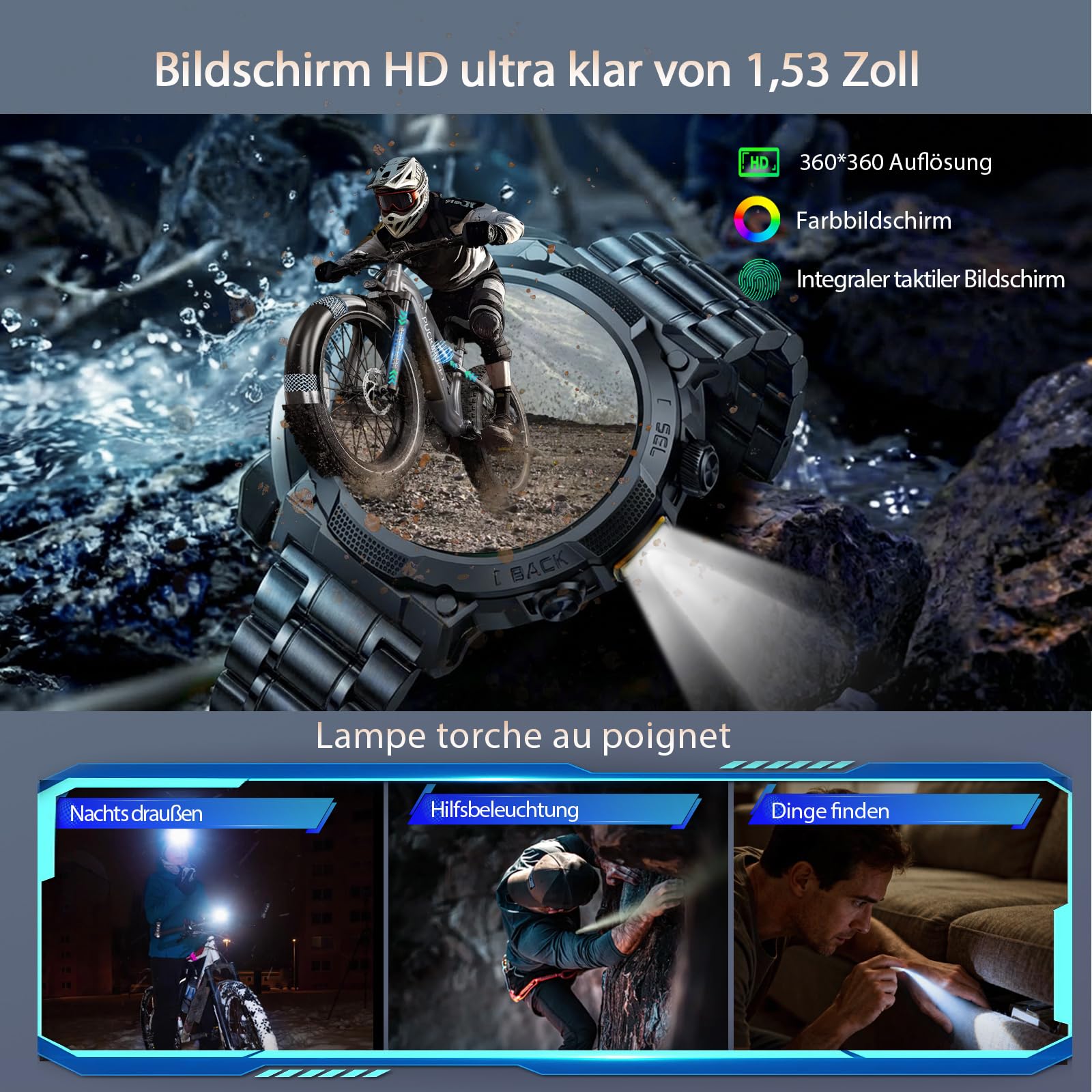 Smartwatch Uomo Militare, Orologio Smartwatch 1.43" con Chiamate Bluetooth, 100+ Modalità Sportive, Batteria 1000 mAh, Monitoraggio Sonno e Cardiofrequenzimetro, Torcia e Bussola per IOS/Android