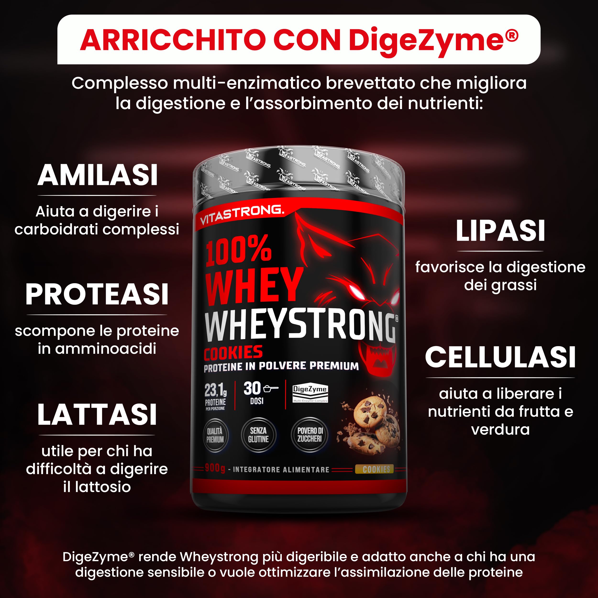 Proteine in Polvere 900g, 100% Proteine Whey Strong con DigeZyme® Alta Digeribilità e Concentrazione, Proteine del Siero del Latte da Fornitori Italiani (900g, Vaniglia)