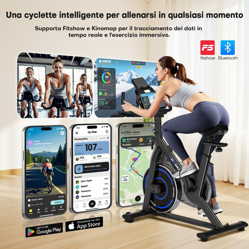 CHAOKE Cyclette da Casa con App, Cyclette per Casa Magnetoresistanza ultra Silenziosa 10dB, con Applicazione, Sedile Morbido e Traspirante e Schermo LCD, Peso Massimo di 150KG Cyclette Professionale
