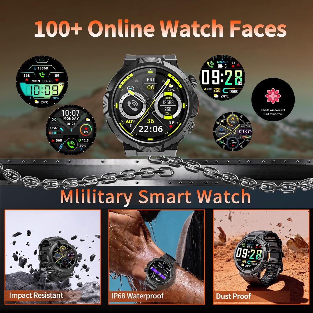 Smartwatch Uomo Militare, Orologio Smartwatch 1.43" con Chiamate Bluetooth, 100+ Modalità Sportive, Batteria 1000 mAh, Monitoraggio Sonno e Cardiofrequenzimetro, Torcia e Bussola per IOS/Android