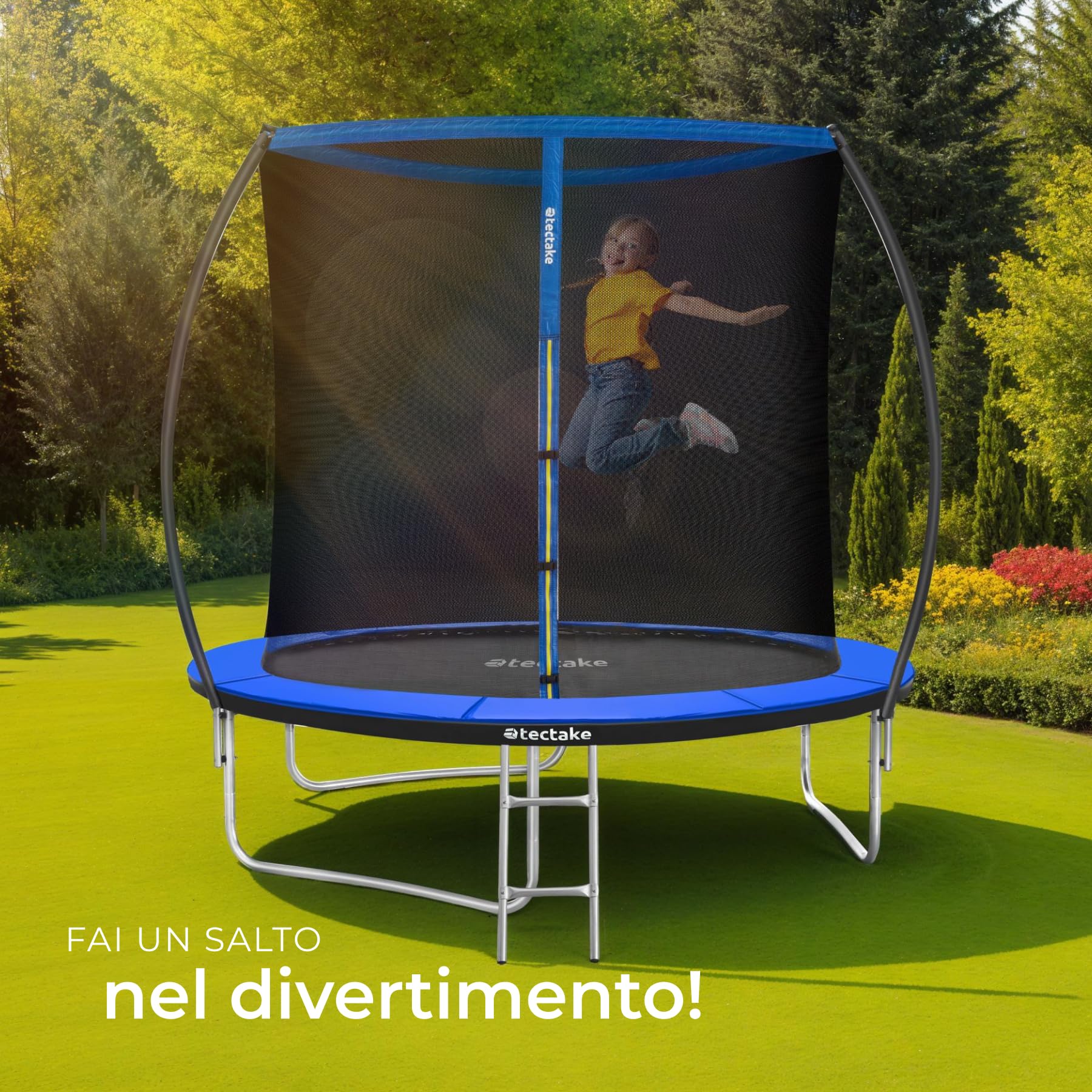 tectake® Trampoline de jardin, pour le fitness et le jeu, pour enfants et adultes, avec filet de sécurité et échelle