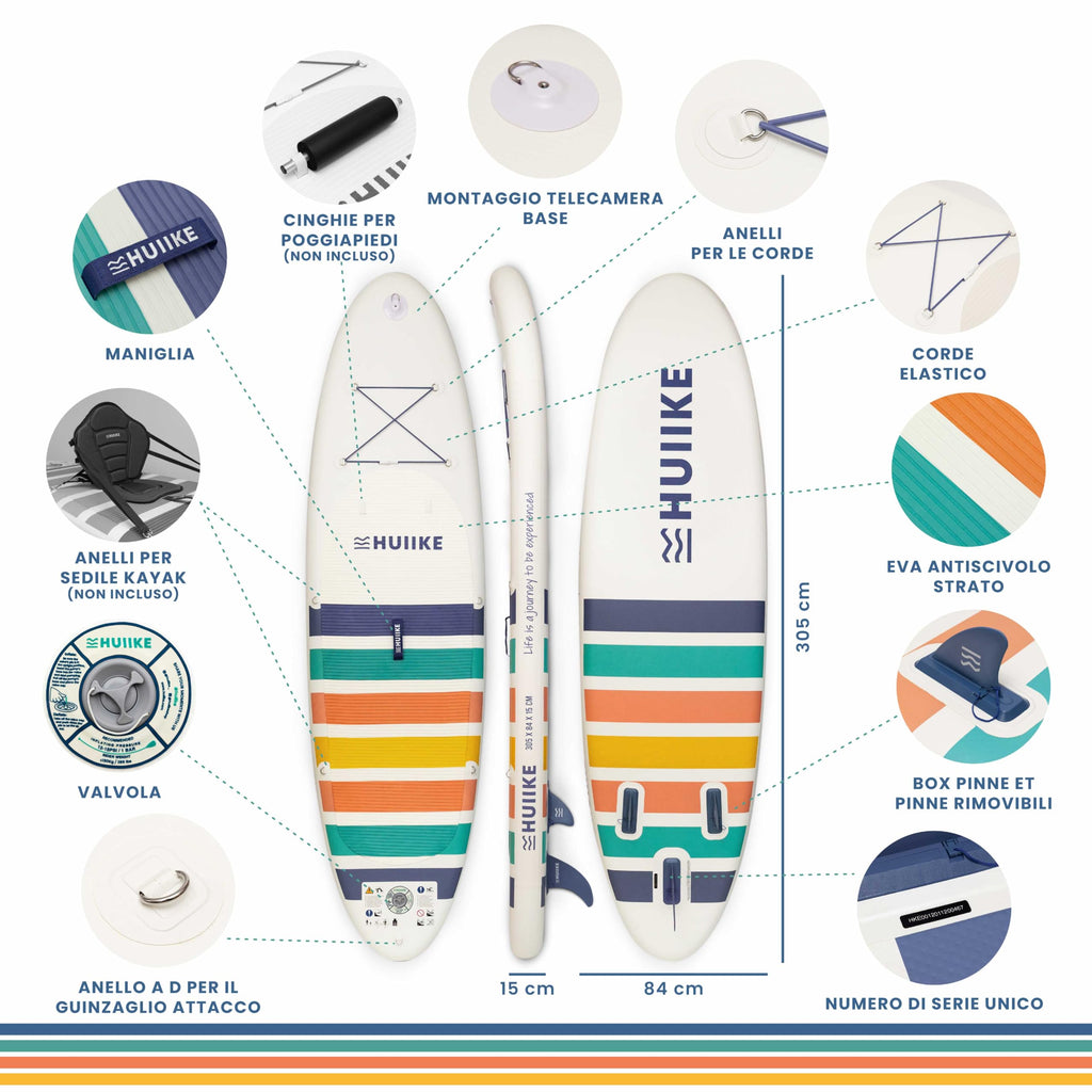 HUIIKE Tavola Sup Gonfiabile Adulti con Accessori Inclusi, Pagaia, Pinne, Pompa. Stand Up Paddle Board con Grande Stabilità e Resistenza. 305 x 84 x 15 cm, Carico Massimo 130 kg