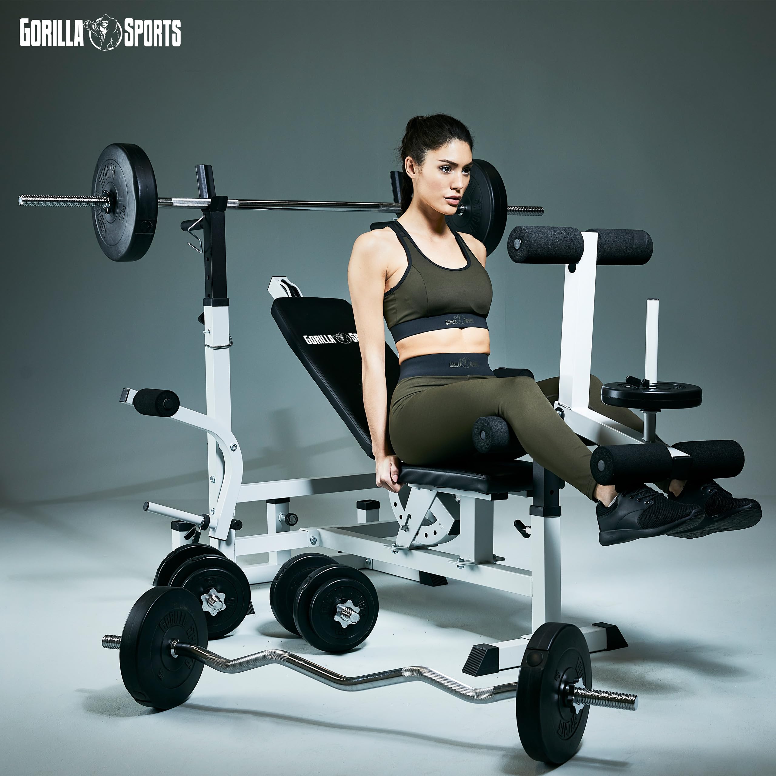Gorilla Sports® Panca Multifunzione - Schienale Regolabile, Portabilanciere, Butterfly, Curl per Gambe, Nero/Bianco - Panca Pesi, Stazione Fitness