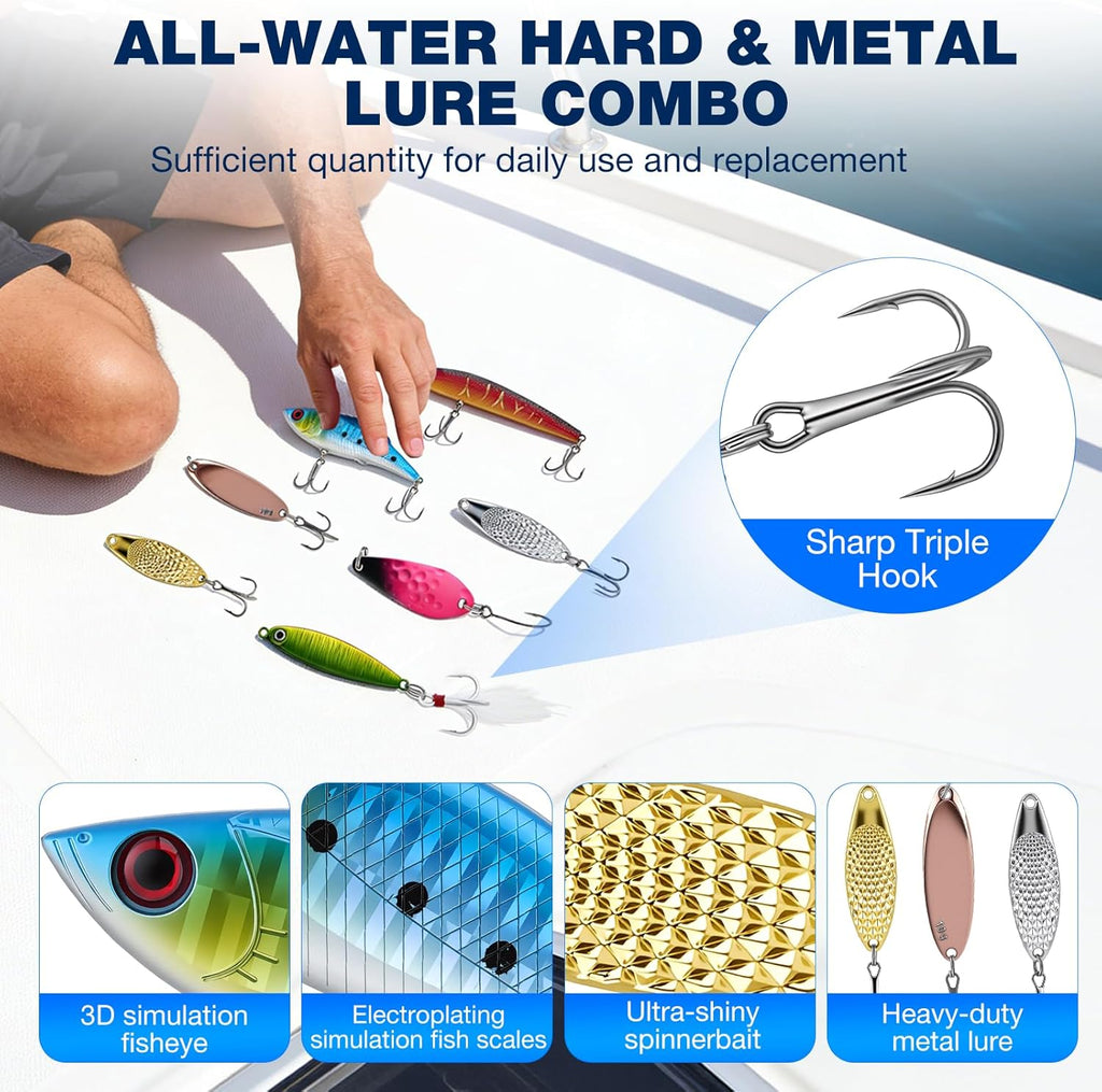 Set di 460 esche da pesca con grande scatola a 3 strati – Accessori da pesca completi con pinze, ganci, crankbait, svasatori, jig, piombo e molto altro ancora – regalo per uomini