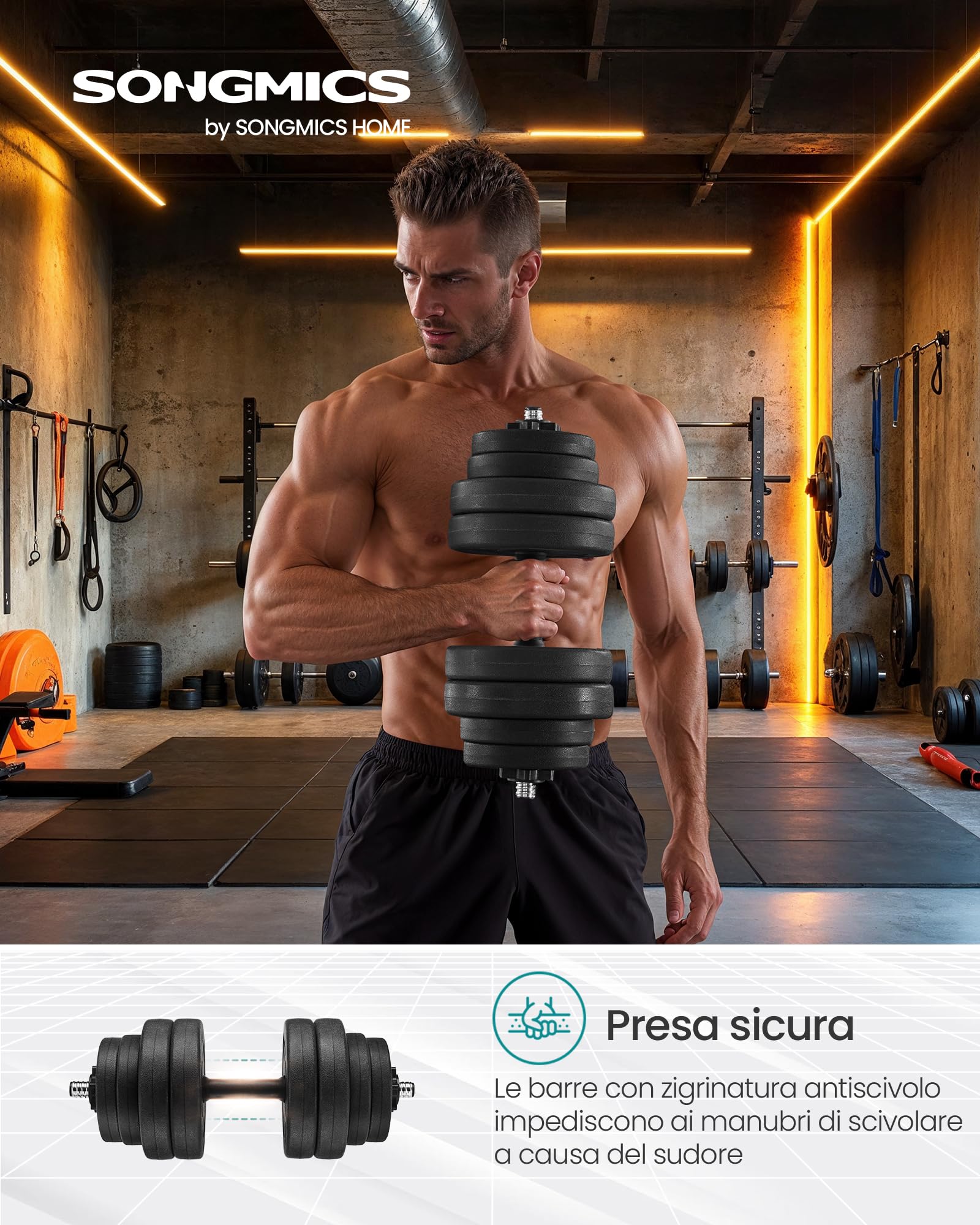 SONGMICS Manubri 2 in 1, Set di Bilanciere Corto, con Tubo di Collegamento in Acciaio, Allenamento, Fitness, Sollevamento Pesi per Casa, Palestra