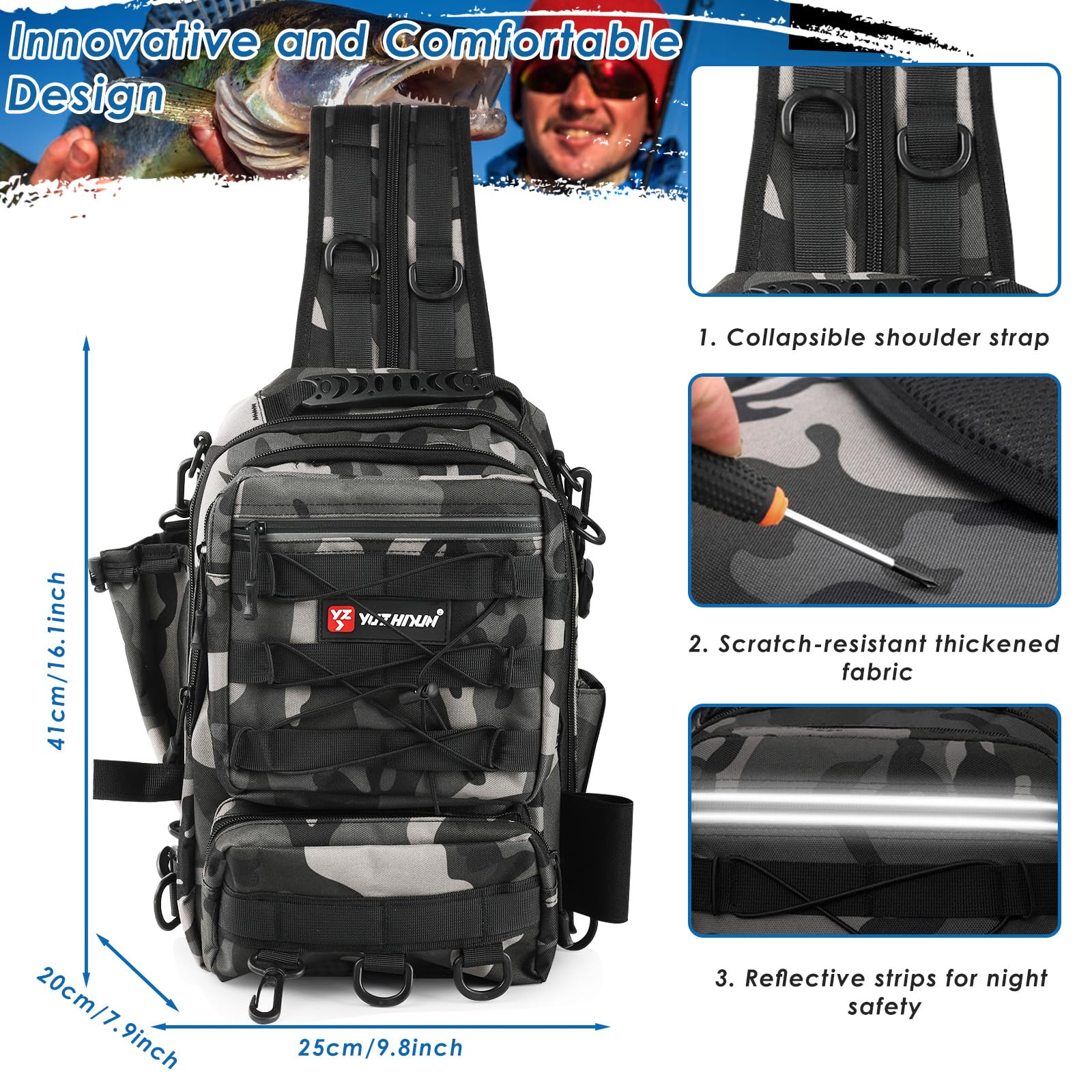 Zaino per Attrezzatura Pesca con Portacanna - Borsa Impermeabile e Traspirante per Pesca, Escursionismo, Caccia, Campeggio (Black)