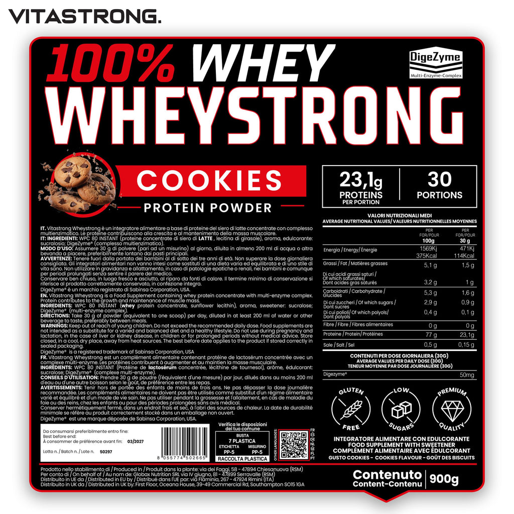 Proteine in Polvere 900g, 100% Proteine Whey Strong con DigeZyme® Alta Digeribilità e Concentrazione, Proteine del Siero del Latte da Fornitori Italiani (900g, Vaniglia)
