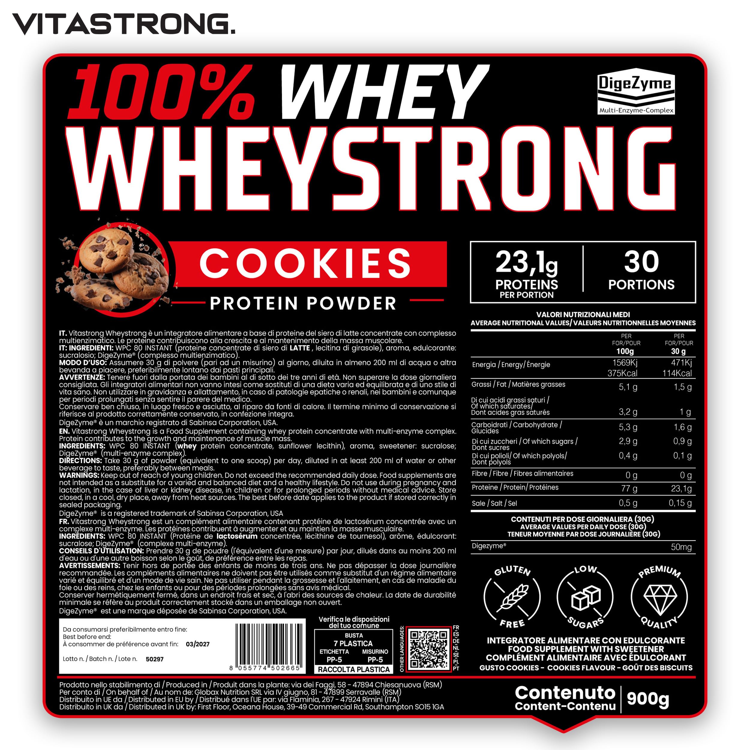 Proteine in Polvere 900g, 100% Proteine Whey Strong con DigeZyme® Alta Digeribilità e Concentrazione, Proteine del Siero del Latte da Fornitori Italiani (900g, Vaniglia)