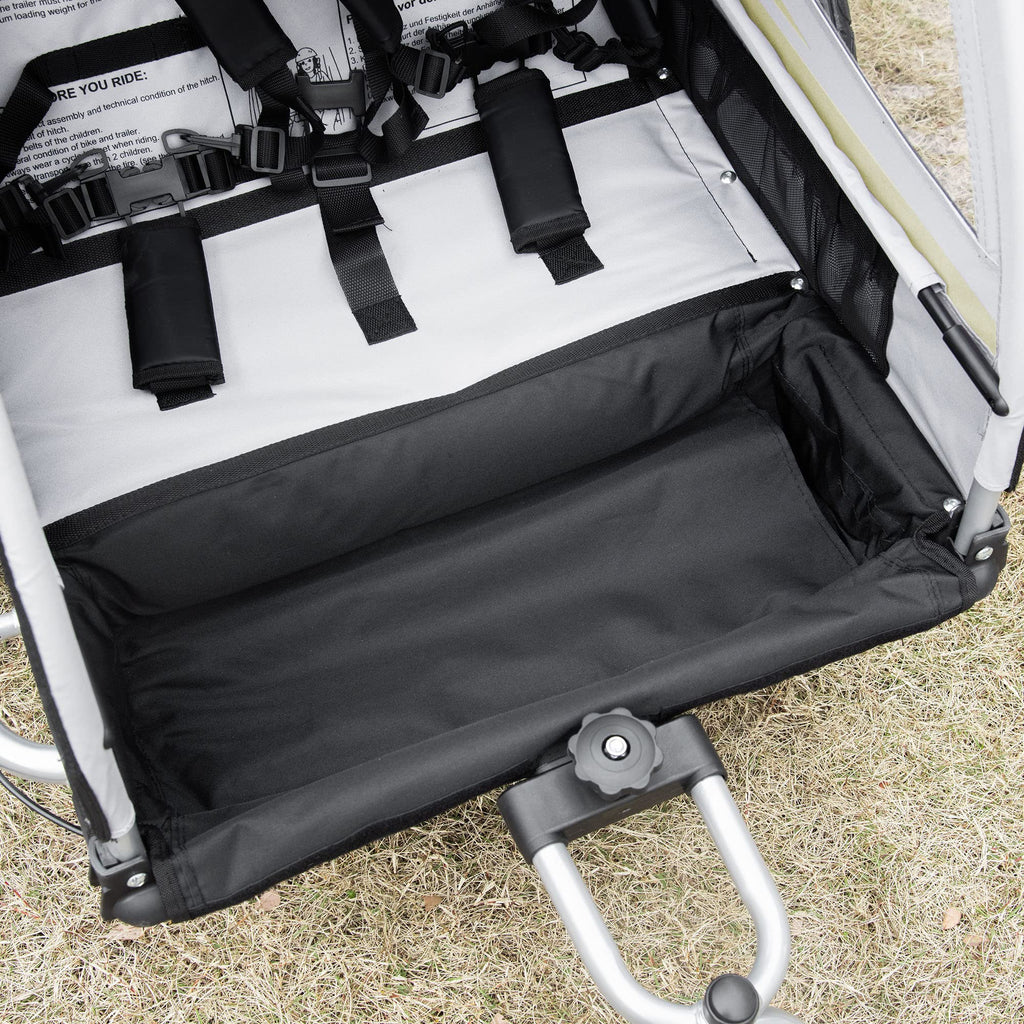 HOMCOM Rimorchio Bici per Bambini e Passeggino, Design 2 in 1 con Freno, Cintura a 5 Punti, Carrello Rimorchio per Bicicletta con Tasche Laterali, Catarifrangenti e Bandierina