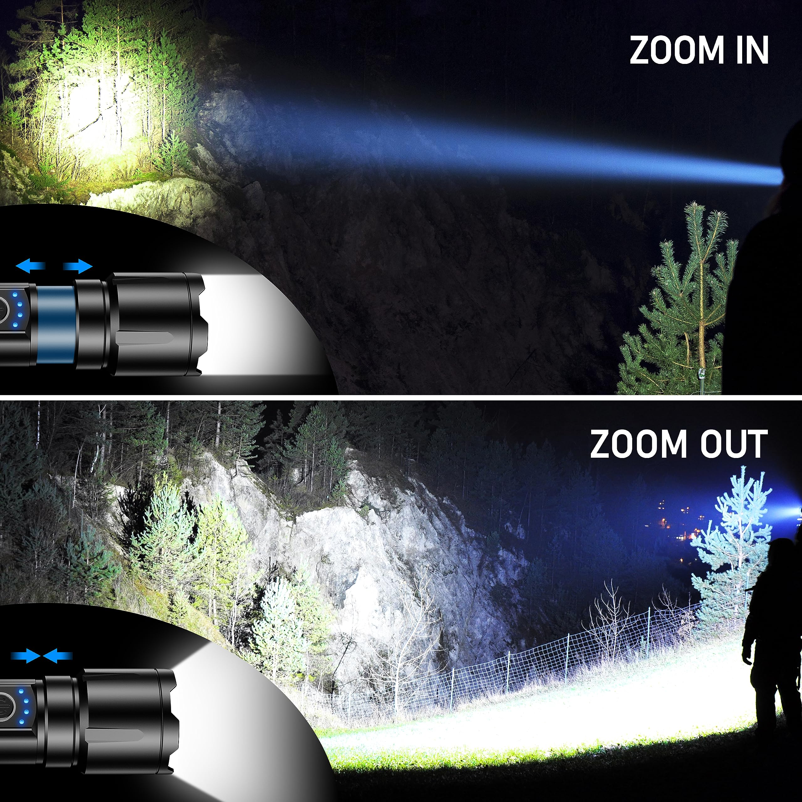 Blukar Torcia LED Potente Professionale, Ultra Alto Lumen Super Luminoso Zoomabile Torcia Alta Potenza, Ricaricabile, 5 Modalità, IP67 Impermeabile Flashlight per Campeggio/Pesca/Emergenza/Trekking