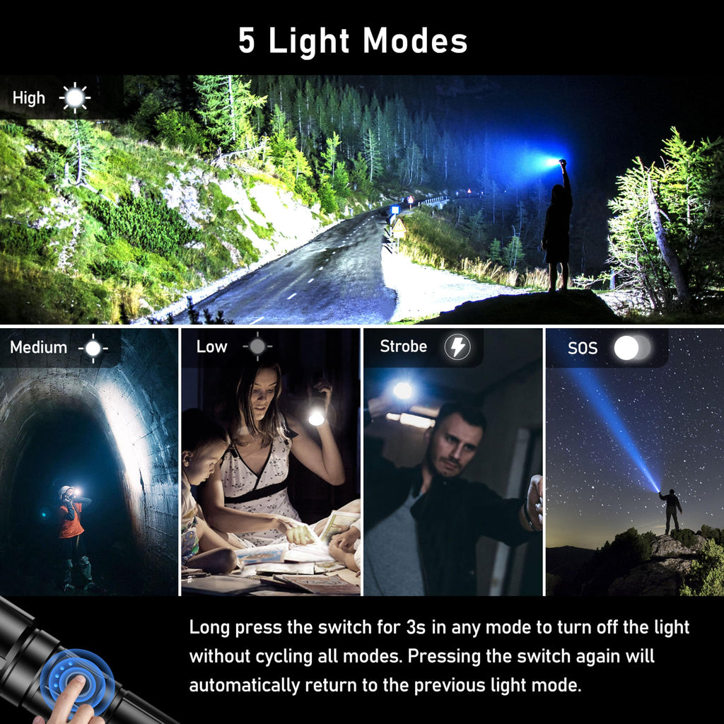 Blukar Torcia LED Potente Professionale, Ultra Alto Lumen Super Luminoso Zoomabile Torcia Alta Potenza, Ricaricabile, 5 Modalità, IP67 Impermeabile Flashlight per Campeggio/Pesca/Emergenza/Trekking