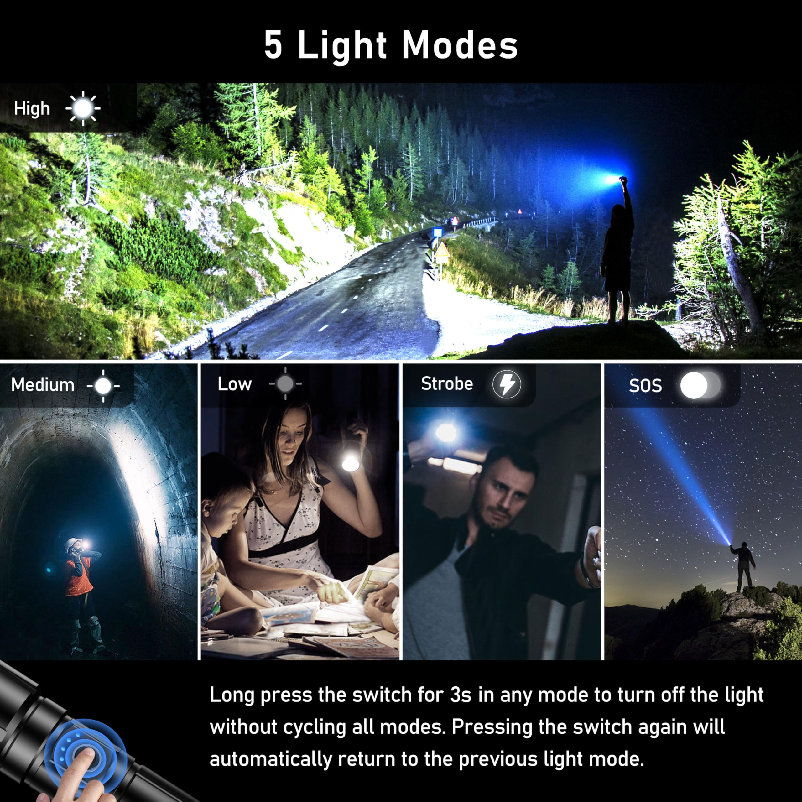 Blukar Torcia LED Potente Professionale, Ultra Alto Lumen Super Luminoso Zoomabile Torcia Alta Potenza, Ricaricabile, 5 Modalità, IP67 Impermeabile Flashlight per Campeggio/Pesca/Emergenza/Trekking