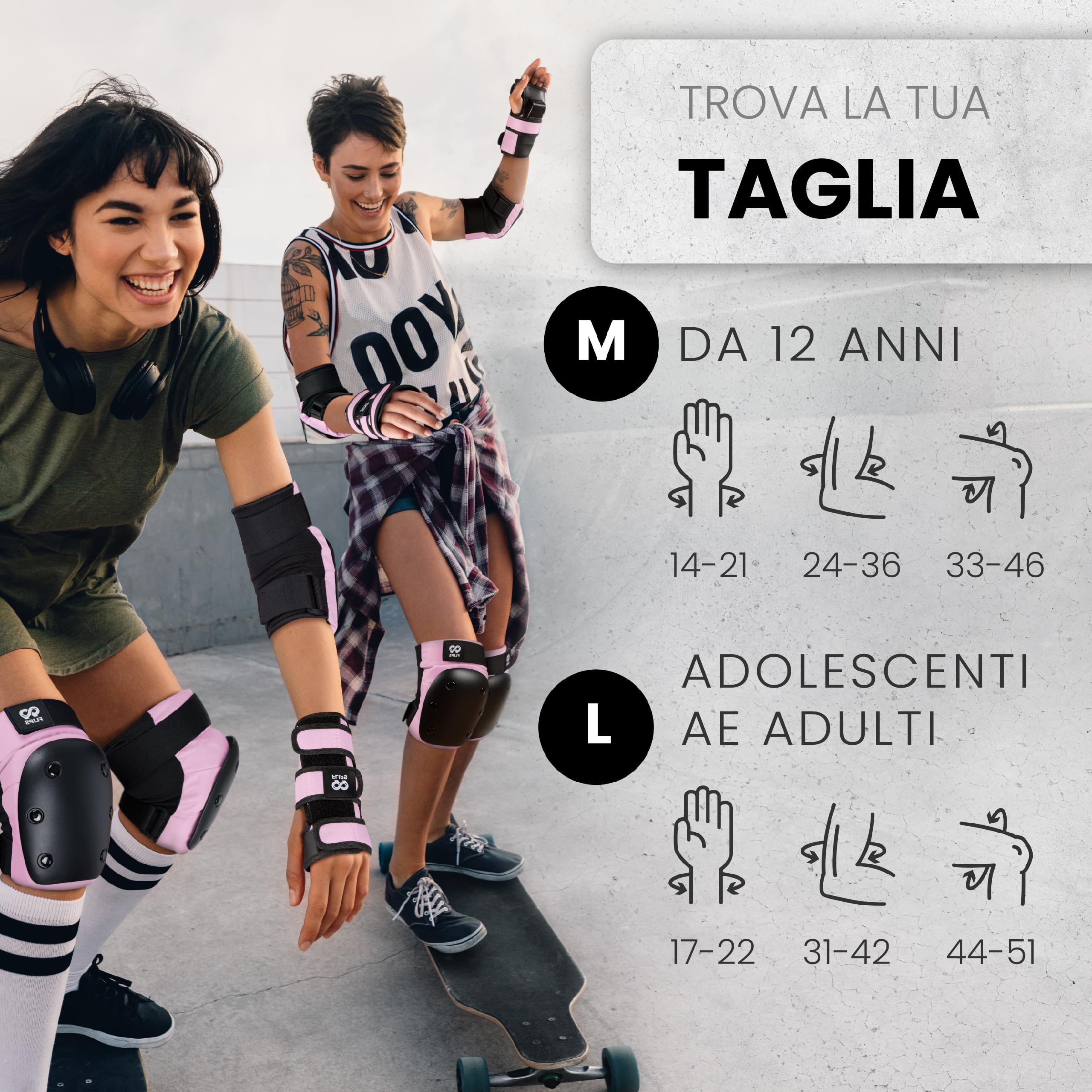 99FLIPS Protezioni Pattini Skateboard Adulto e Giovani - Set di Protezioni da Donna con Ginocchiere e Gomitiere - Protezione Skate