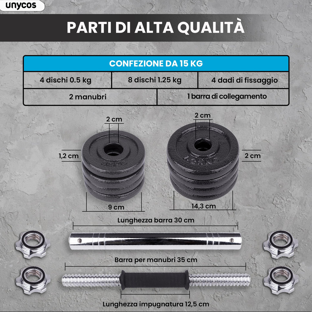 unycos - Haltères Réglables avec Disques 15-50 kg【E-Book + Mallette】Paire de Poids avec Barre de Connexion Antidérapante pour Hommes/Femmes, Entraînement, Gym à Domicile, Fitness (Iron Transformer)