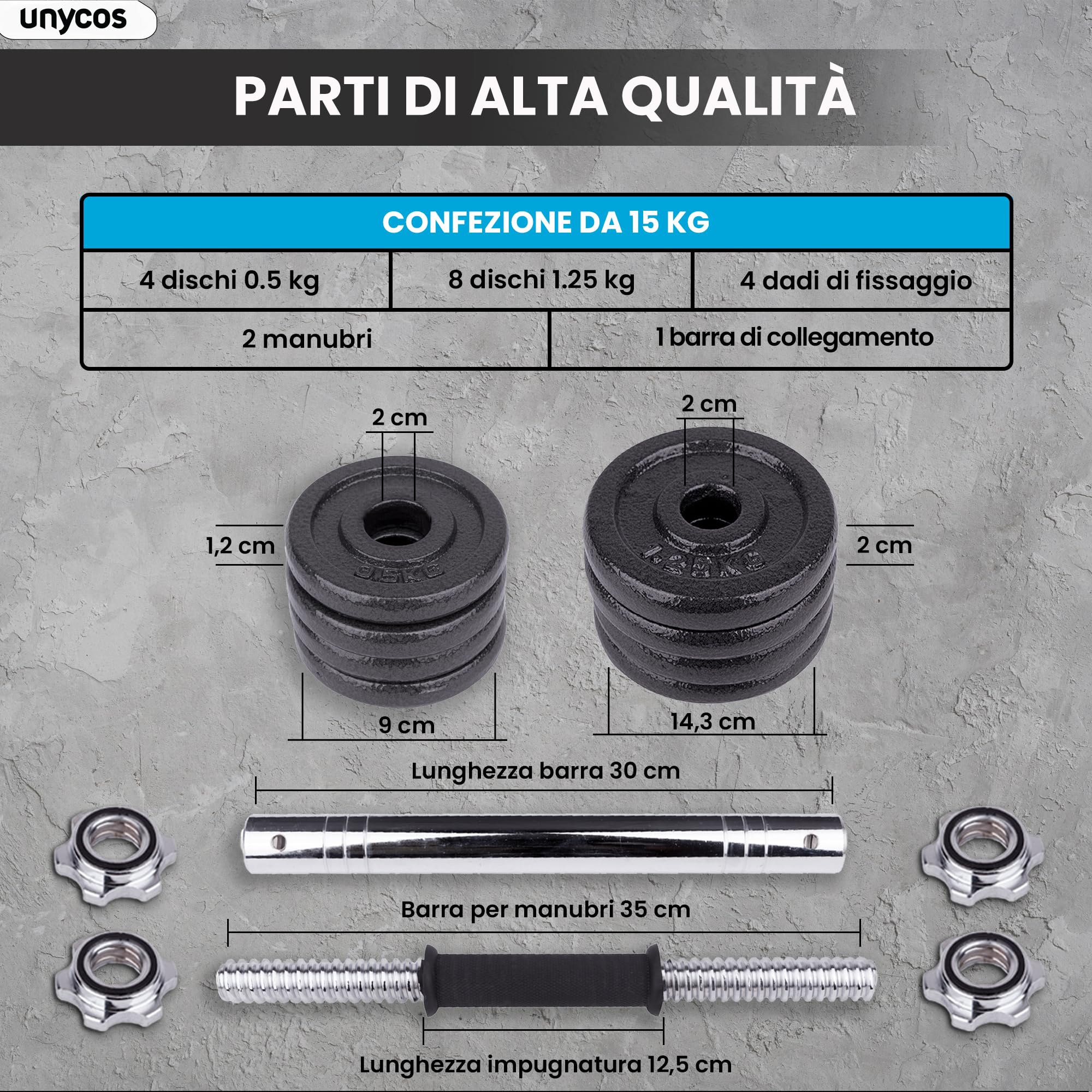 unycos - Haltères Réglables avec Disques 15-50 kg【E-Book + Mallette】Paire de Poids avec Barre de Connexion Antidérapante pour Hommes/Femmes, Entraînement, Gym à Domicile, Fitness (Iron Transformer)