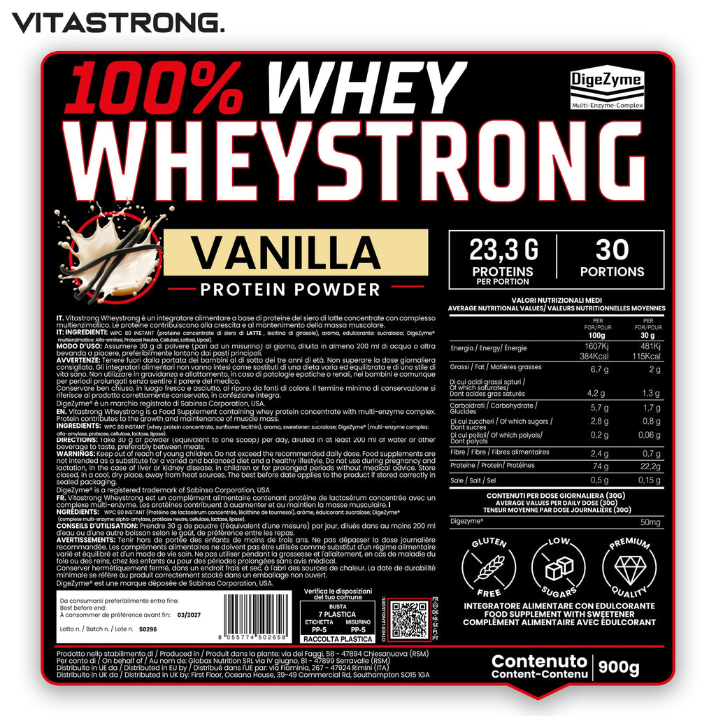 Proteine in Polvere 900g, 100% Proteine Whey Strong con DigeZyme® Alta Digeribilità e Concentrazione, Proteine del Siero del Latte da Fornitori Italiani (900g, Vaniglia)