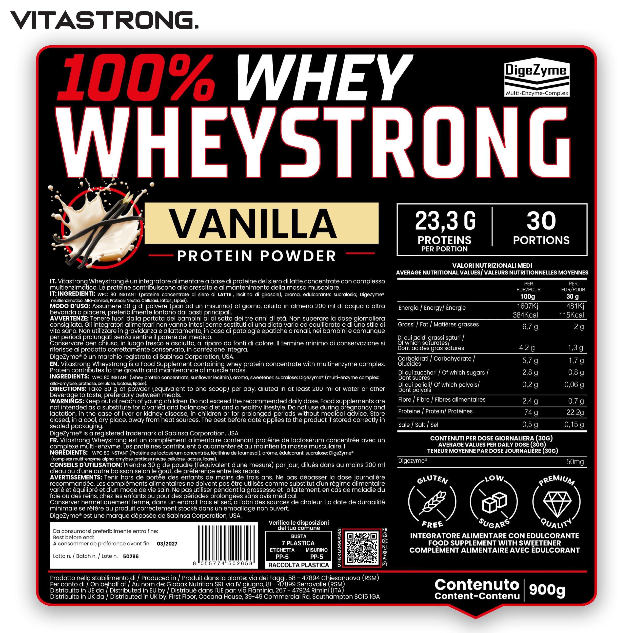 Proteine in Polvere 900g, 100% Proteine Whey Strong con DigeZyme® Alta Digeribilità e Concentrazione, Proteine del Siero del Latte da Fornitori Italiani (900g, Vaniglia)