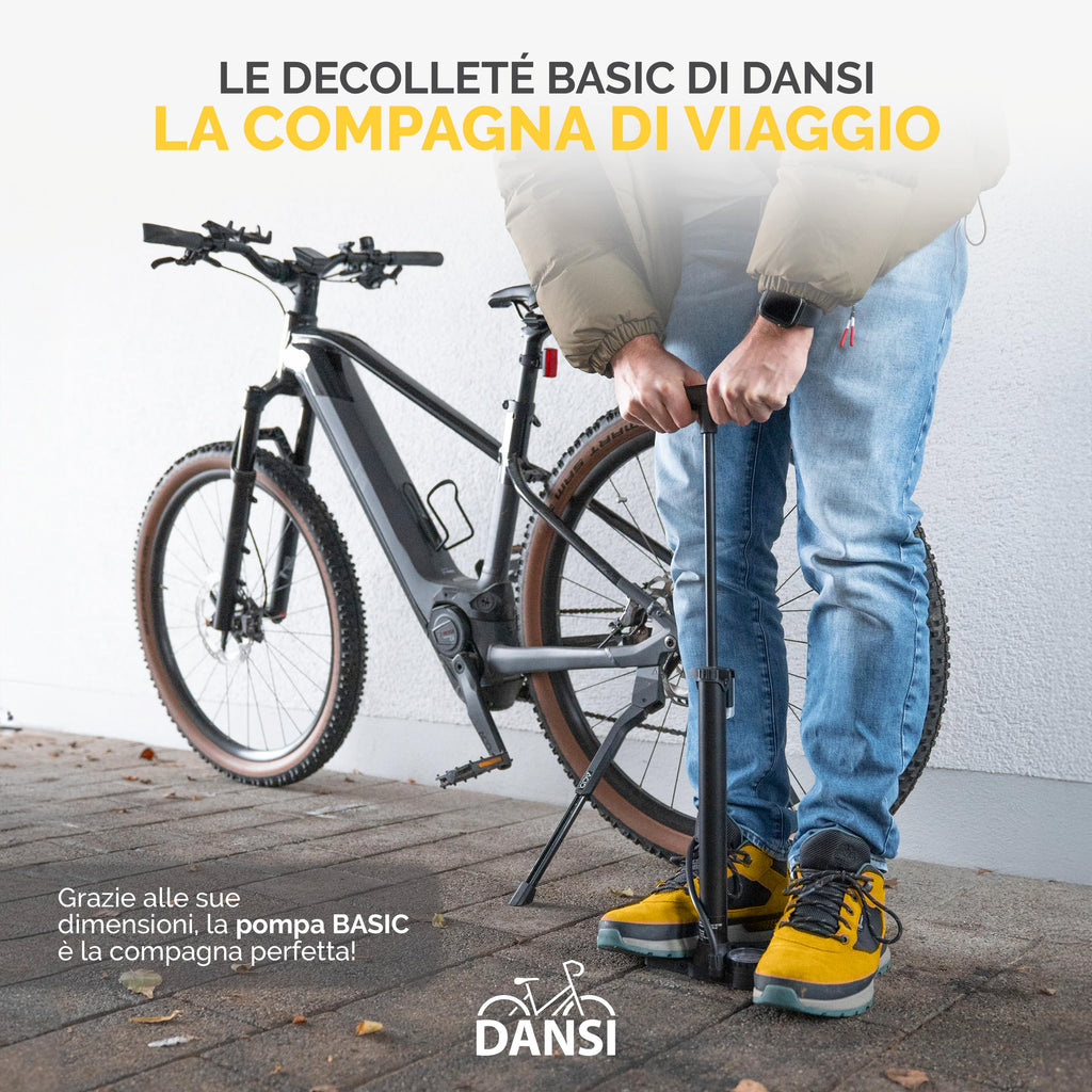 DANSI Pompa per bicicletta a pedale con valvole AV, SV, DV - Pompa ad aria per bicicletta con manometro grande, adattatori e serbatoio | Pompa per moto, bici elettrica, auto e articoli sportivi