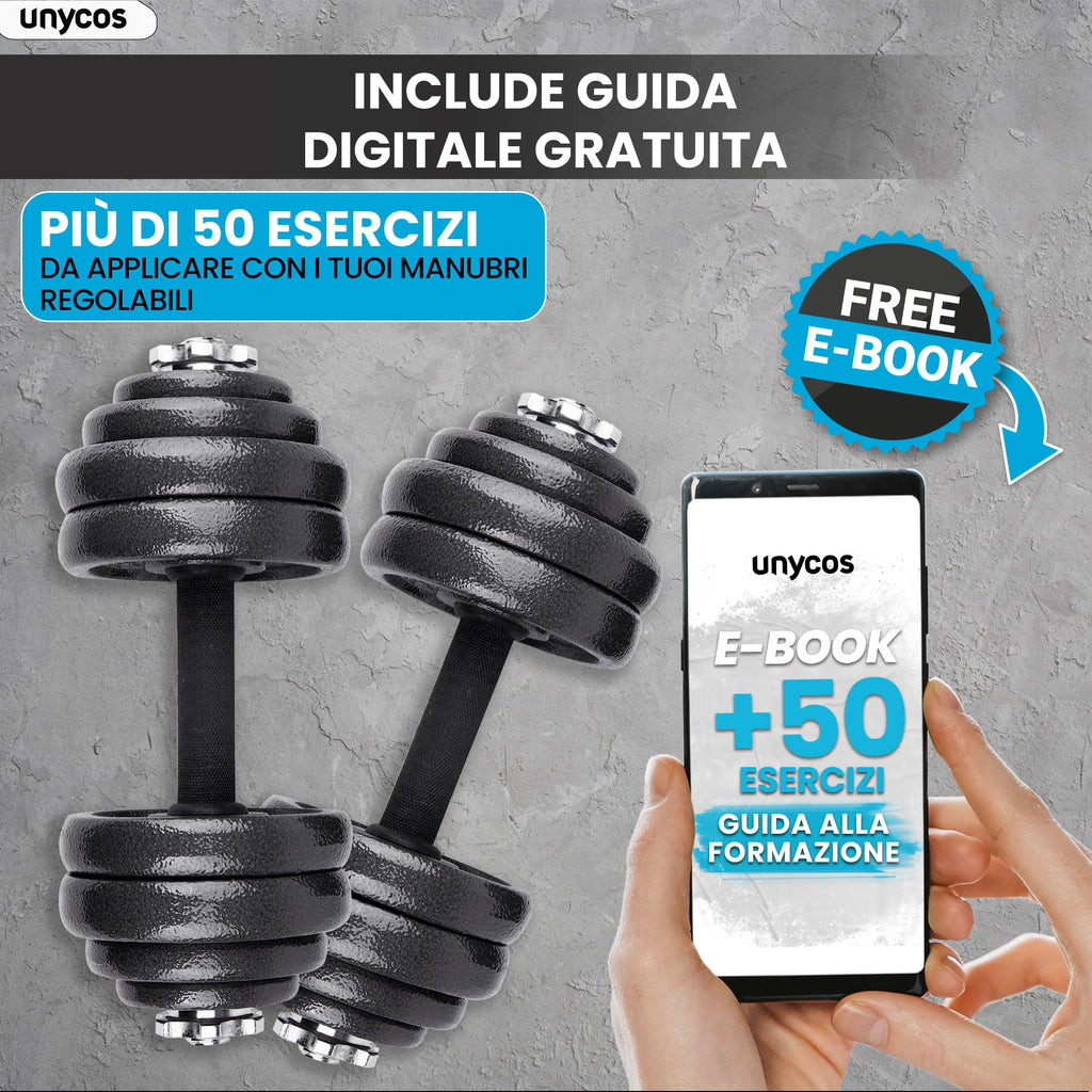 unycos - Haltères Réglables avec Disques 15-50 kg【E-Book + Mallette】Paire de Poids avec Barre de Connexion Antidérapante pour Hommes/Femmes, Entraînement, Gym à Domicile, Fitness (Iron Transformer)