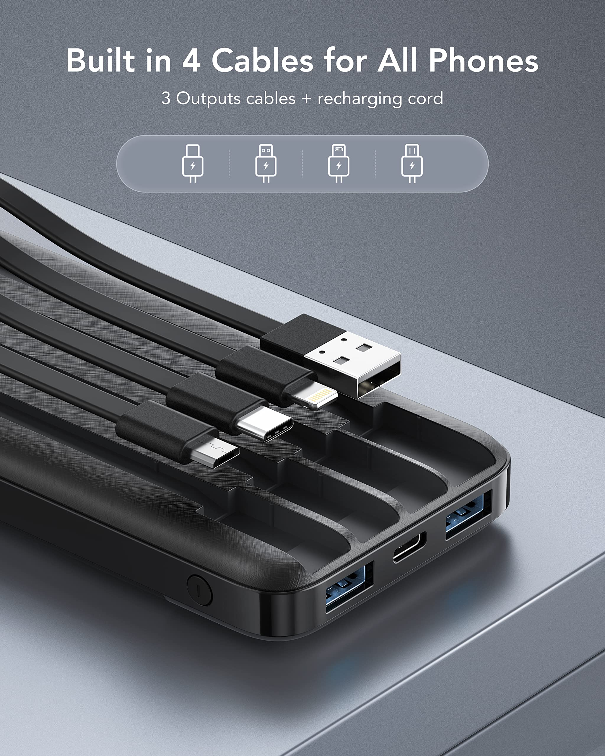 Charmast Power Bank 10000mAh con Cavi Integrati,Caricatore Portatile USB C 5V/3A Powerbank LED Display con 6 Uscite e 3 ingressi per iPhone Samsung Huawei Xiaomi