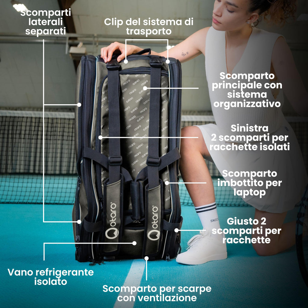 Otaro Sac de tennis 82L | Sac de raquettes de tennis pour 4 raquettes | Avec compartiment isolé, compartiment à chaussures, compartiment thermique et compartiment pour ordinateur portable | Système de transport 3 en 1 | Sac à dos de tennis hydrofuge