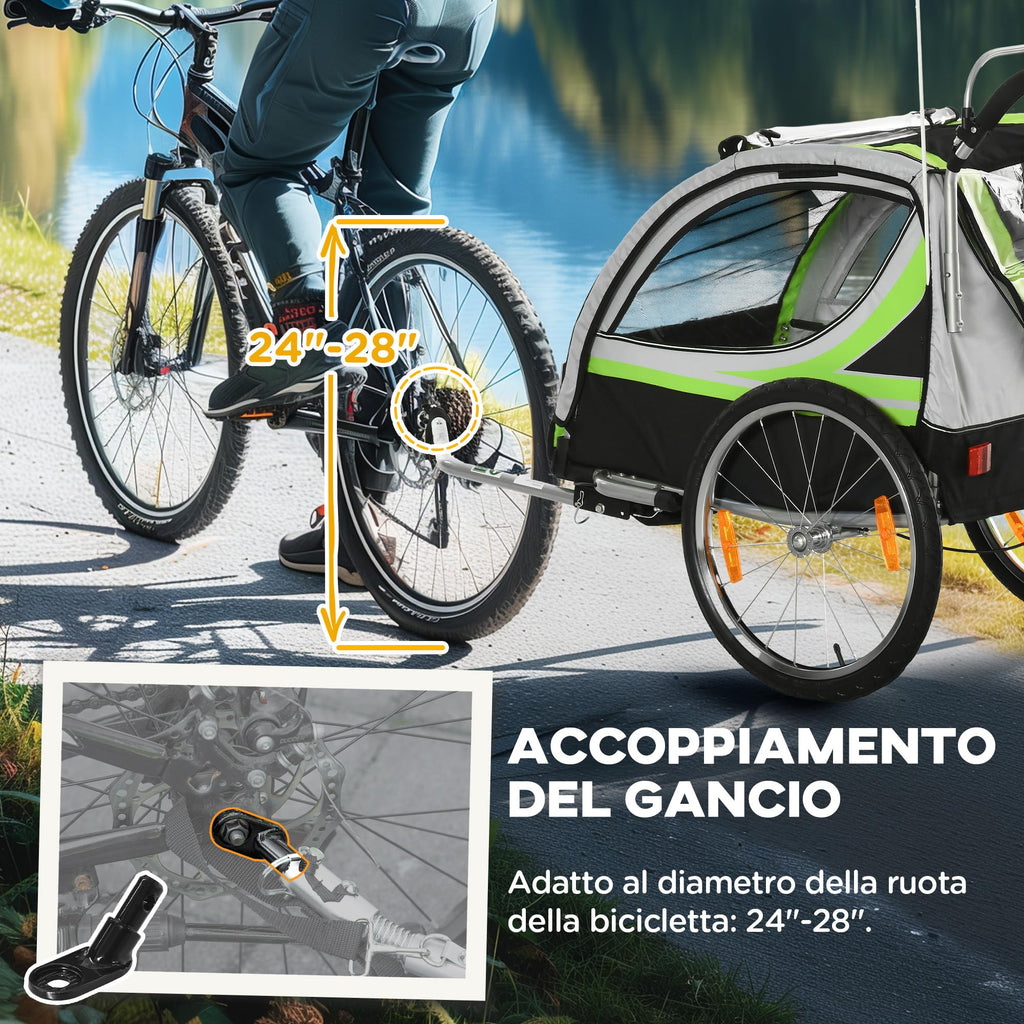 HOMCOM Rimorchio Bici per Bambini e Passeggino, Design 2 in 1 con Freno, Cintura a 5 Punti, Carrello Rimorchio per Bicicletta con Tasche Laterali, Catarifrangenti e Bandierina
