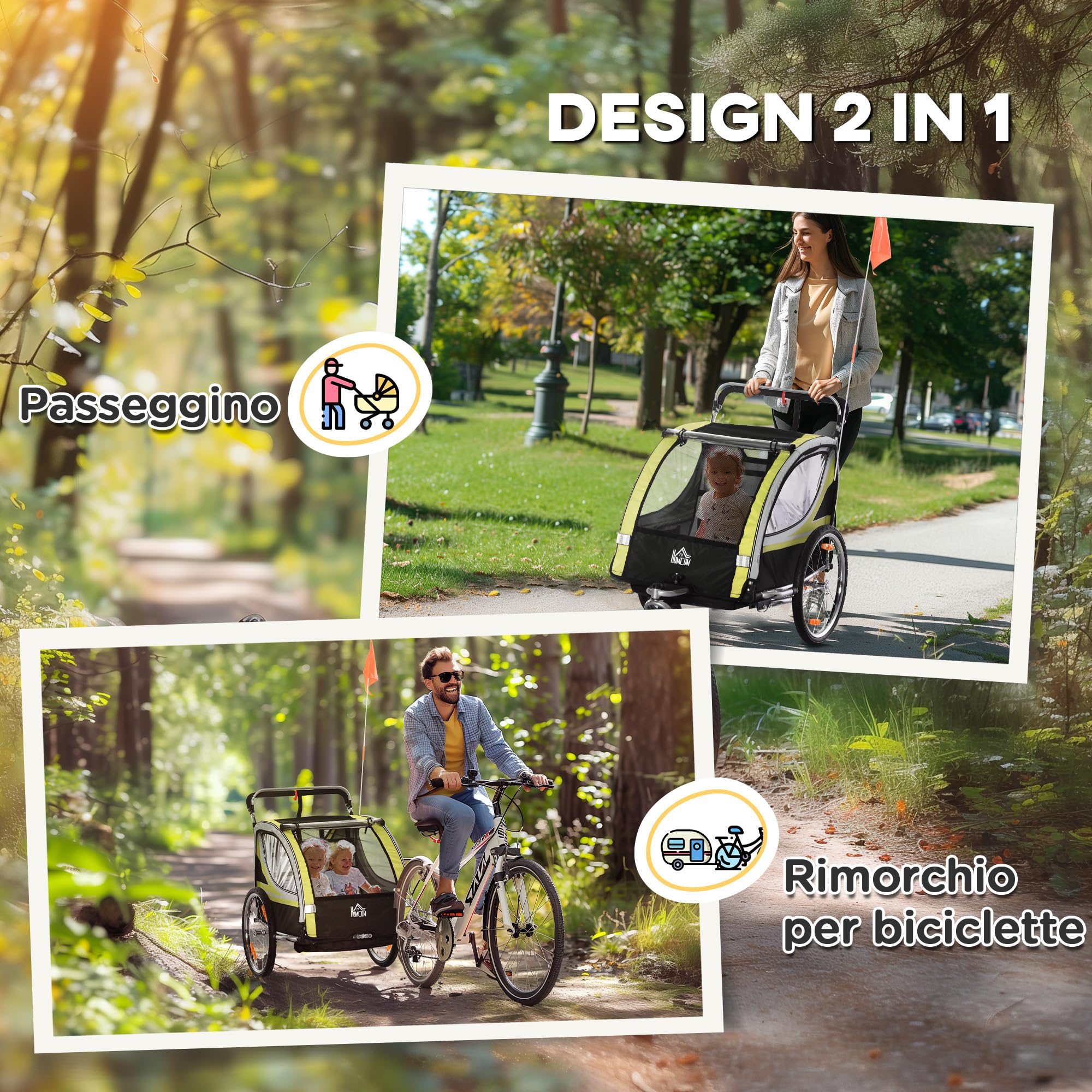 HOMCOM Rimorchio Bici per Bambini e Passeggino, Design 2 in 1 con Freno, Cintura a 5 Punti, Carrello Rimorchio per Bicicletta con Tasche Laterali, Catarifrangenti e Bandierina