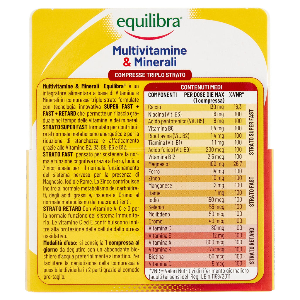 Equilibra Multivitamine e Minerali, Rilascio Prolungato fino a 8 ore, Vitamine A, B, C, D, E, Ferro, Iodio, Zinco, per Energia e Sostegno, Senza Glutine, per Vegetariani, 30 Compresse Triplo Strato