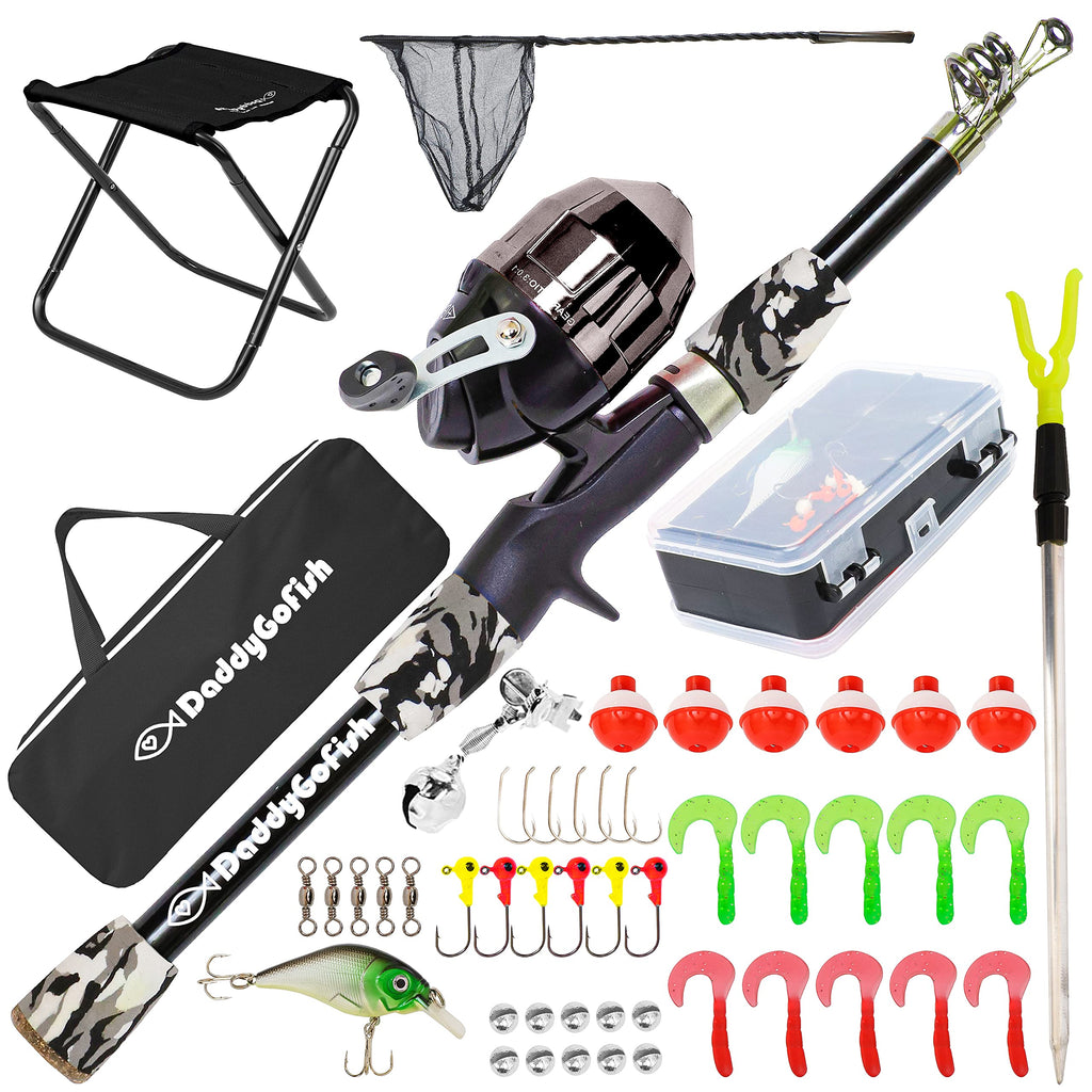 DaddyGoFish Kids Canna da Pesca Telescopica Spincast Combo Sedia Pieghevole Portacanna Tackle Box Bait Net Ragazzi Ragazze