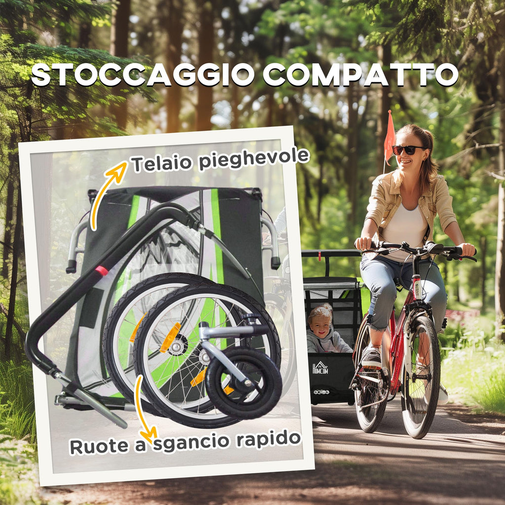 HOMCOM Rimorchio Bici per Bambini e Passeggino, Design 2 in 1 con Freno, Cintura a 5 Punti, Carrello Rimorchio per Bicicletta con Tasche Laterali, Catarifrangenti e Bandierina