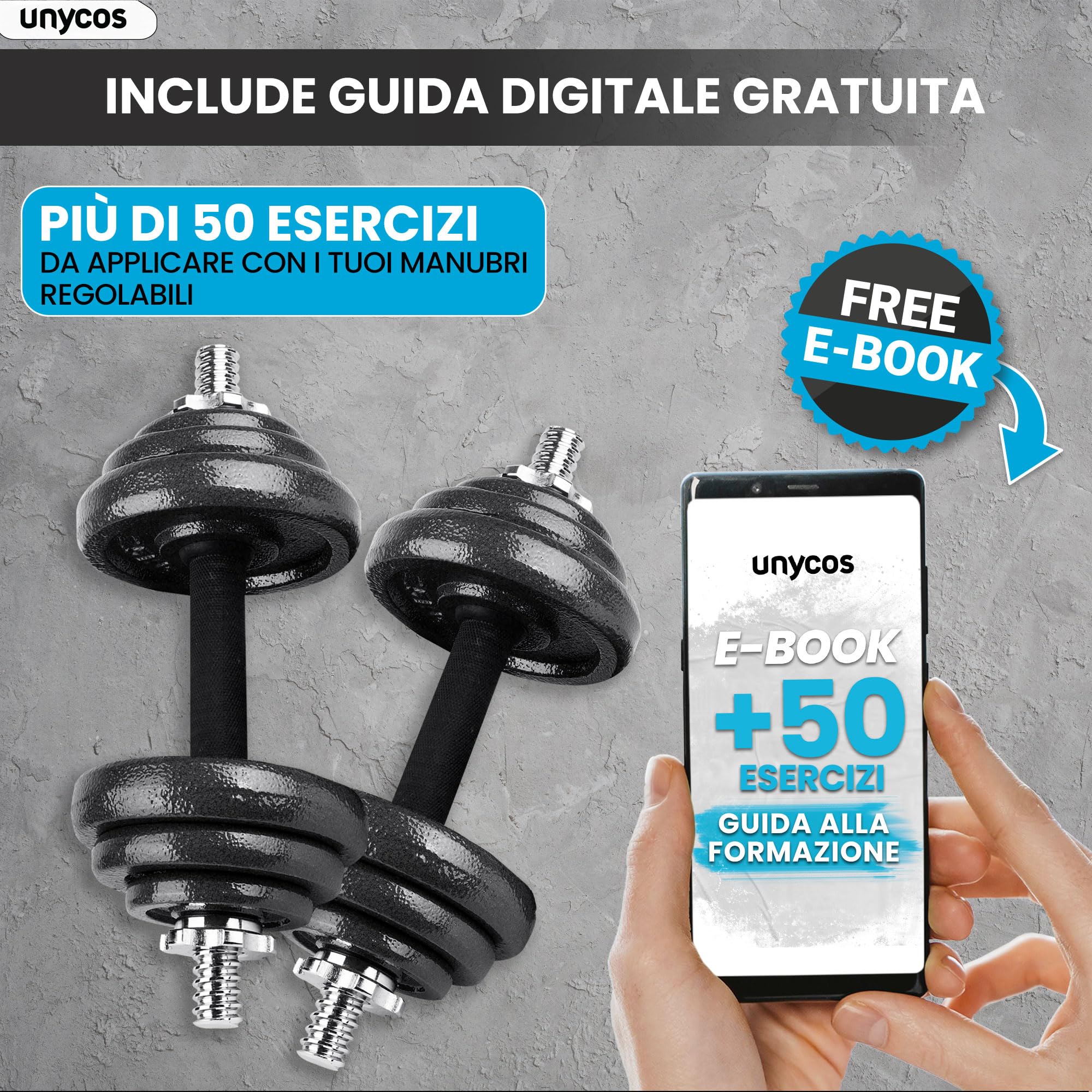 unycos - Haltères Réglables avec Disques 15-50 kg【E-Book + Mallette】Paire de Poids avec Barre de Connexion Antidérapante pour Hommes/Femmes, Entraînement, Gym à Domicile, Fitness (Iron Transformer)