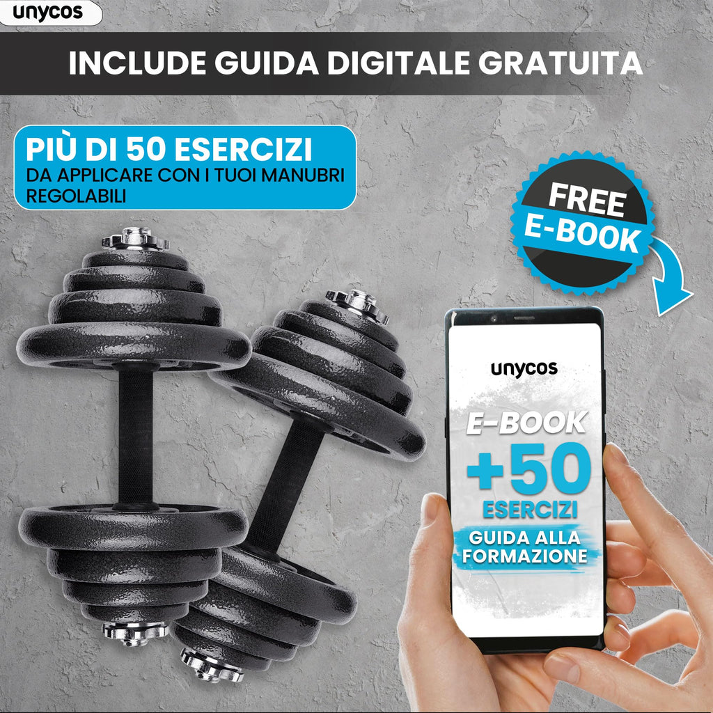 unycos - Haltères Réglables avec Disques 15-50 kg【E-Book + Mallette】Paire de Poids avec Barre de Connexion Antidérapante pour Hommes/Femmes, Entraînement, Gym à Domicile, Fitness (Iron Transformer)