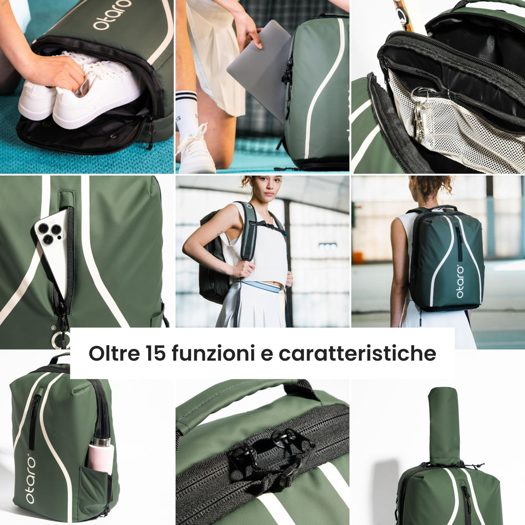 Otaro Zaino Tennis | Zaino con porta scarpe, scomparto per laptop e scomparto per 2 racchette | Zaino sportivo | Porta racchetta tennis | Borsa tennis con copertura antipioggia e sacca per biancheria