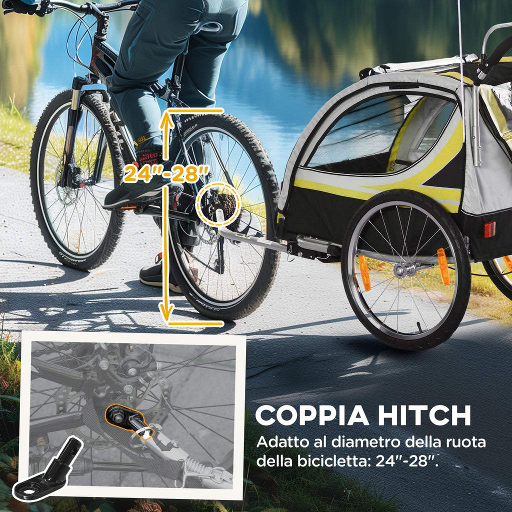 HOMCOM Rimorchio Bici per Bambini e Passeggino, Design 2 in 1 con Freno, Cintura a 5 Punti, Carrello Rimorchio per Bicicletta con Tasche Laterali, Catarifrangenti e Bandierina